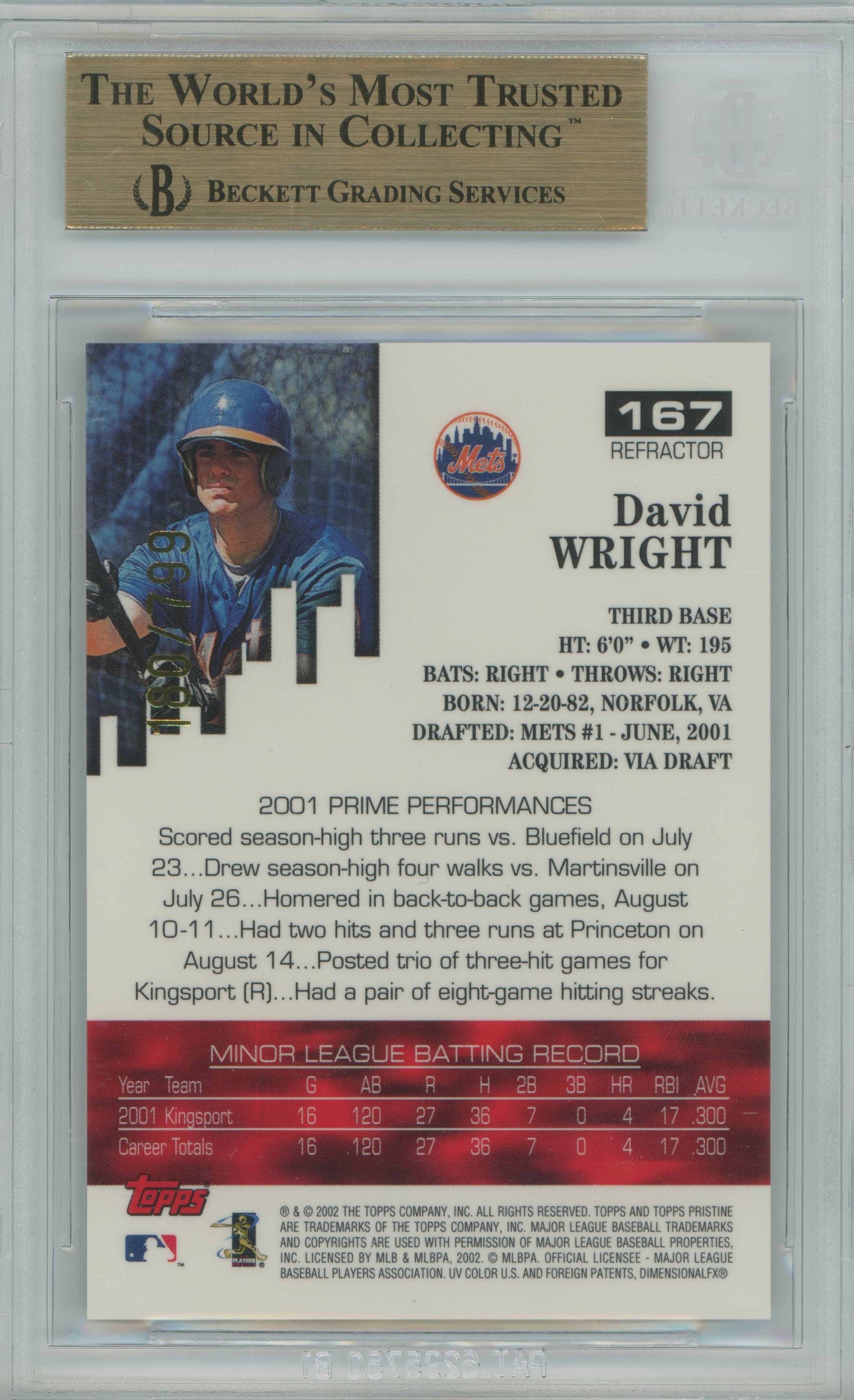 2002 Topps Pristine Refractor David Wright BGS 10