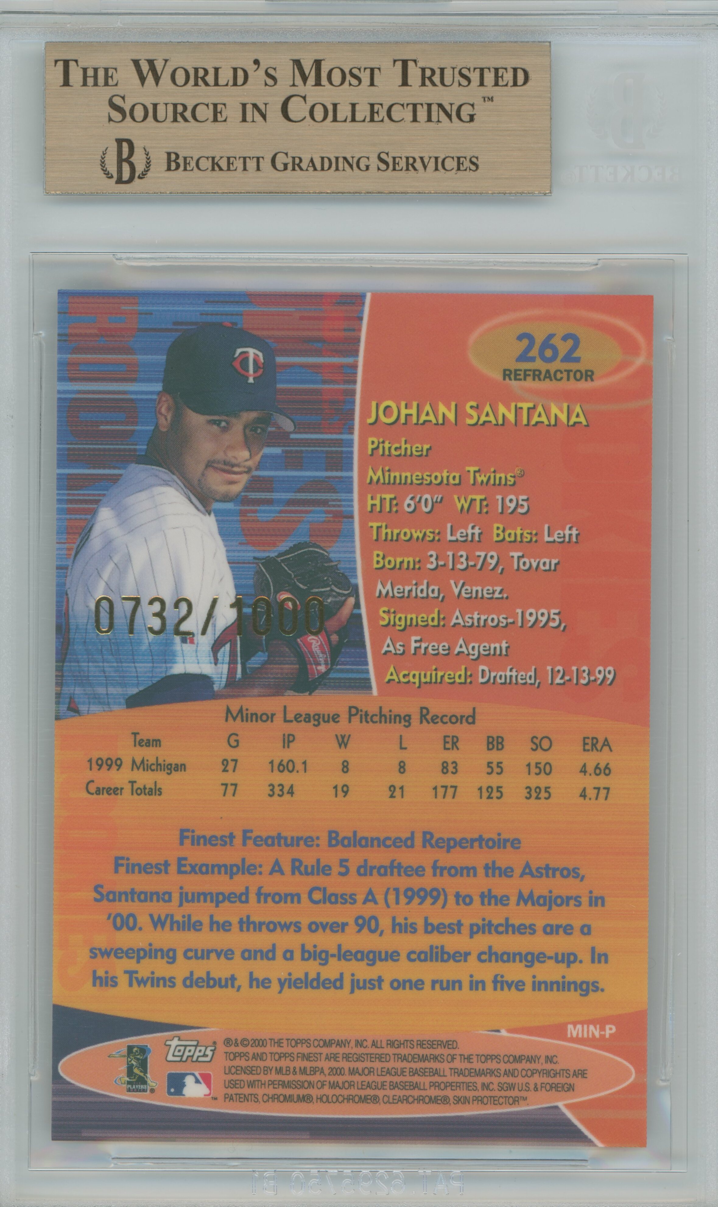 2000 Finest Refractor Johan Santana BGS 9.5