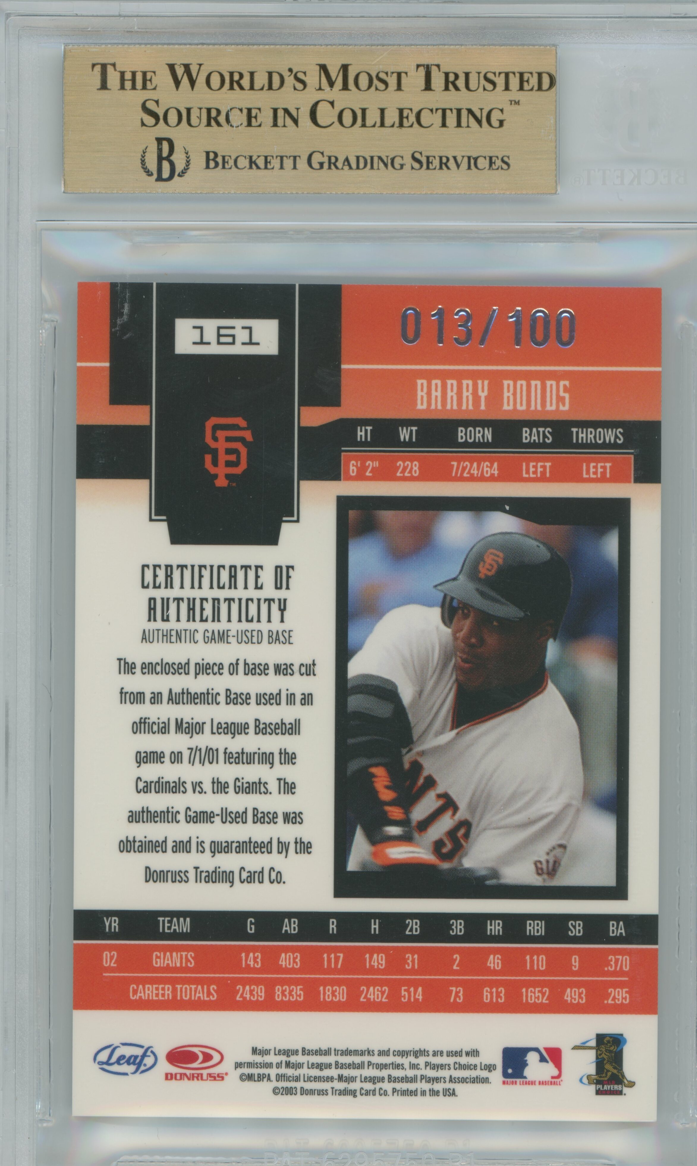 2003 Certified Materials Mirror Blue Base Barry Bonds BGS 9.5