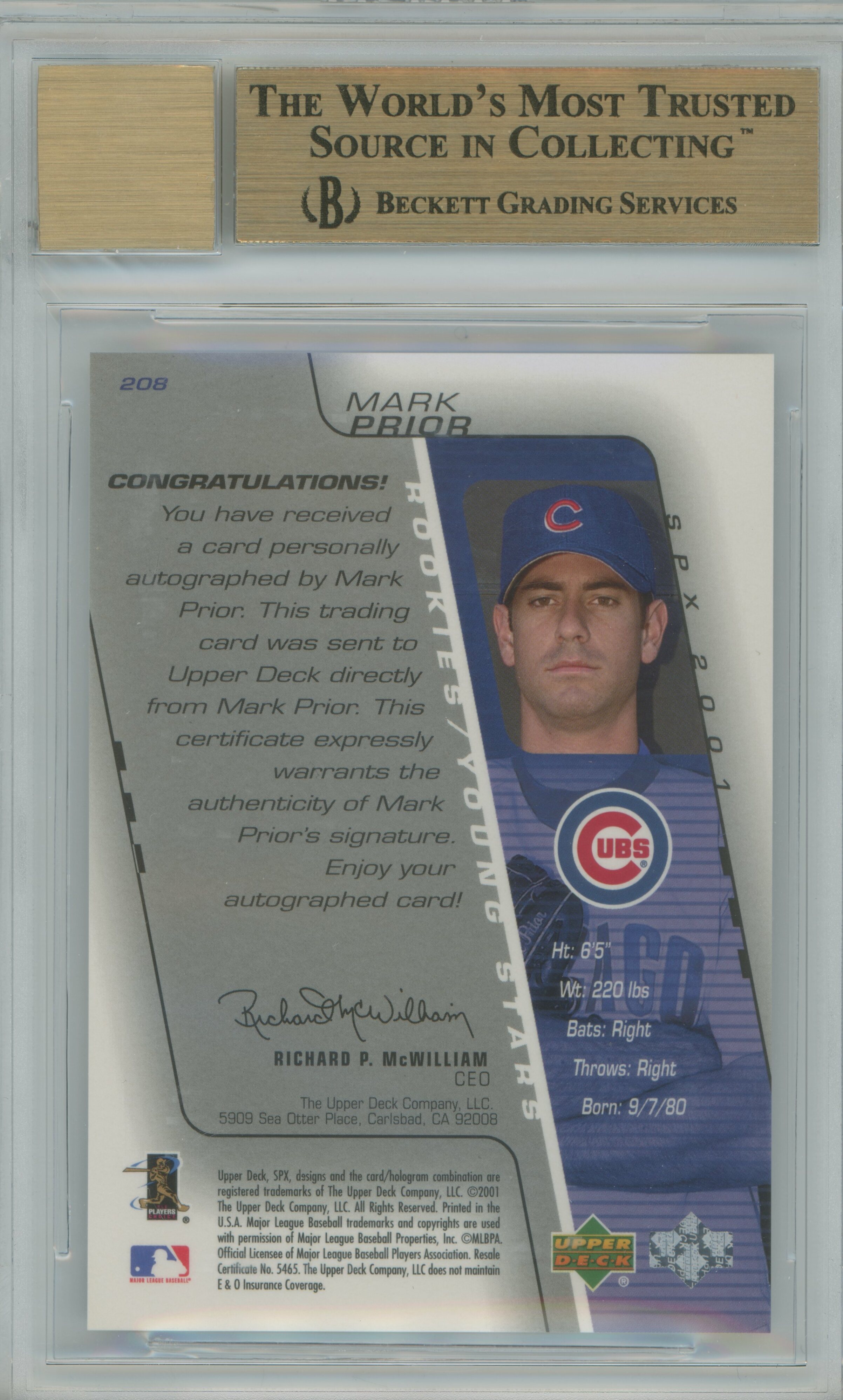 2001 SPx Auto RC Mark Prior BGS 10