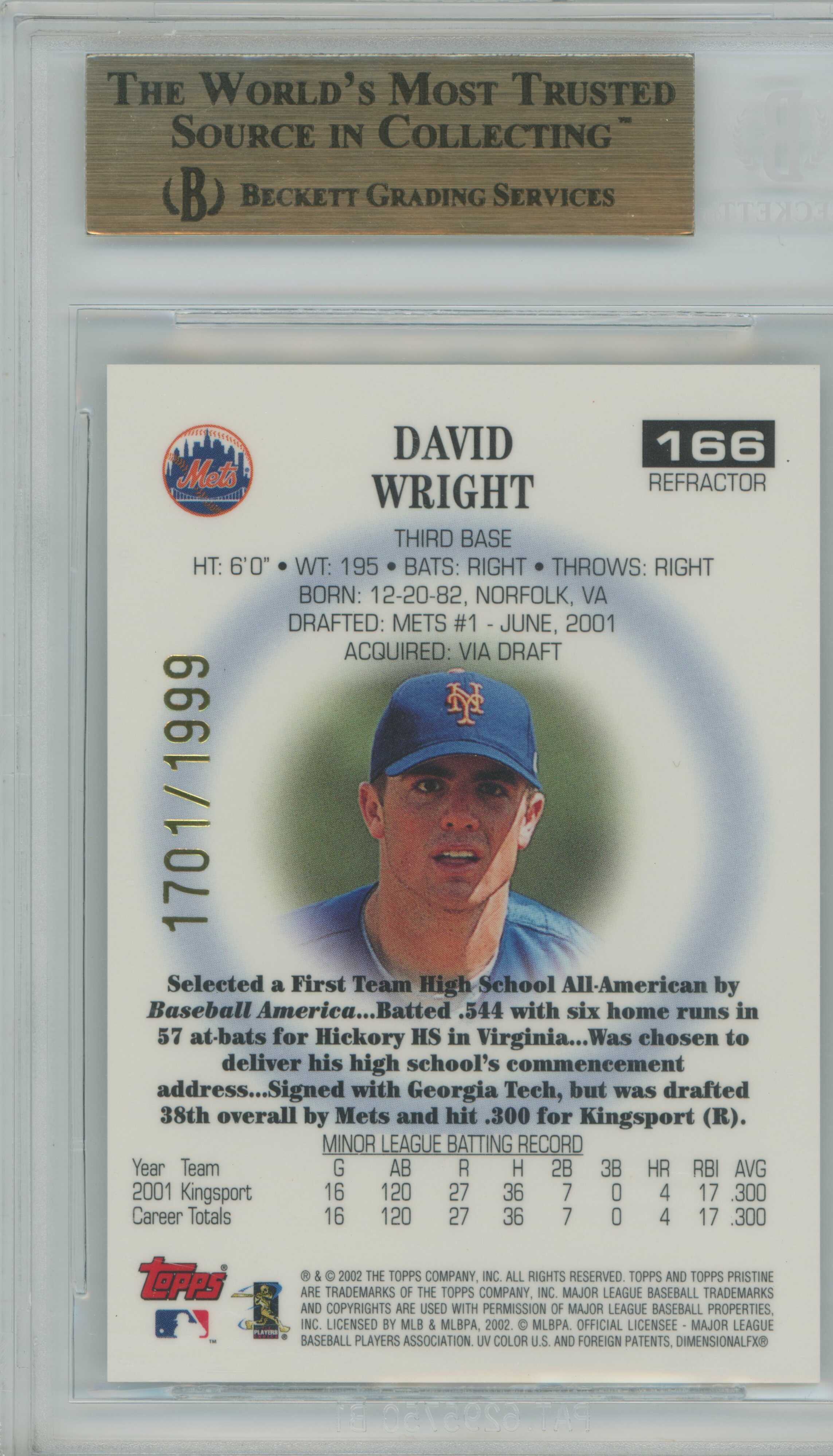 2002 Pristine Refractor RC David Wright BGS 9.5