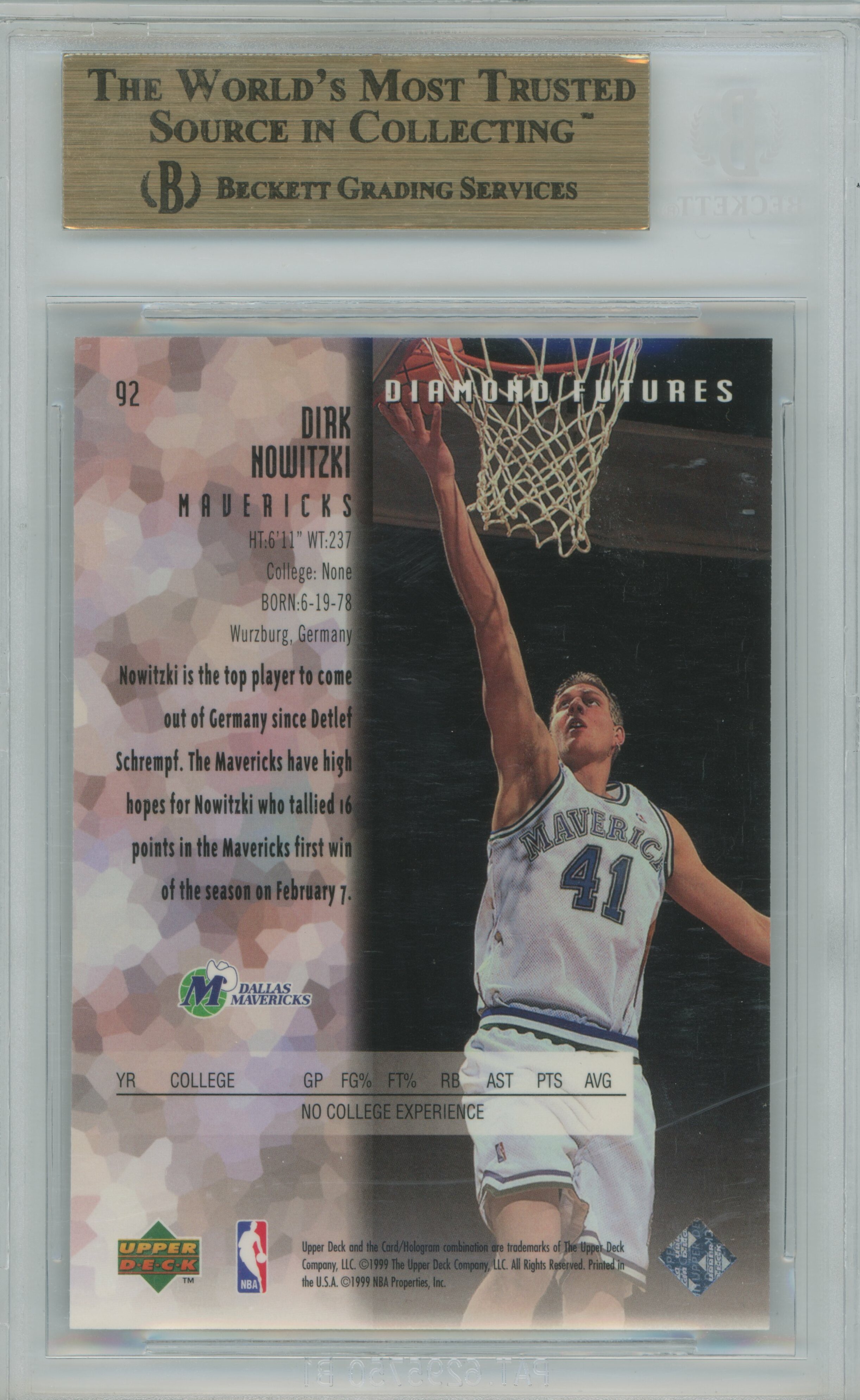 1998-99 Black Diamond Dirk Nowitzki BGS 9.5