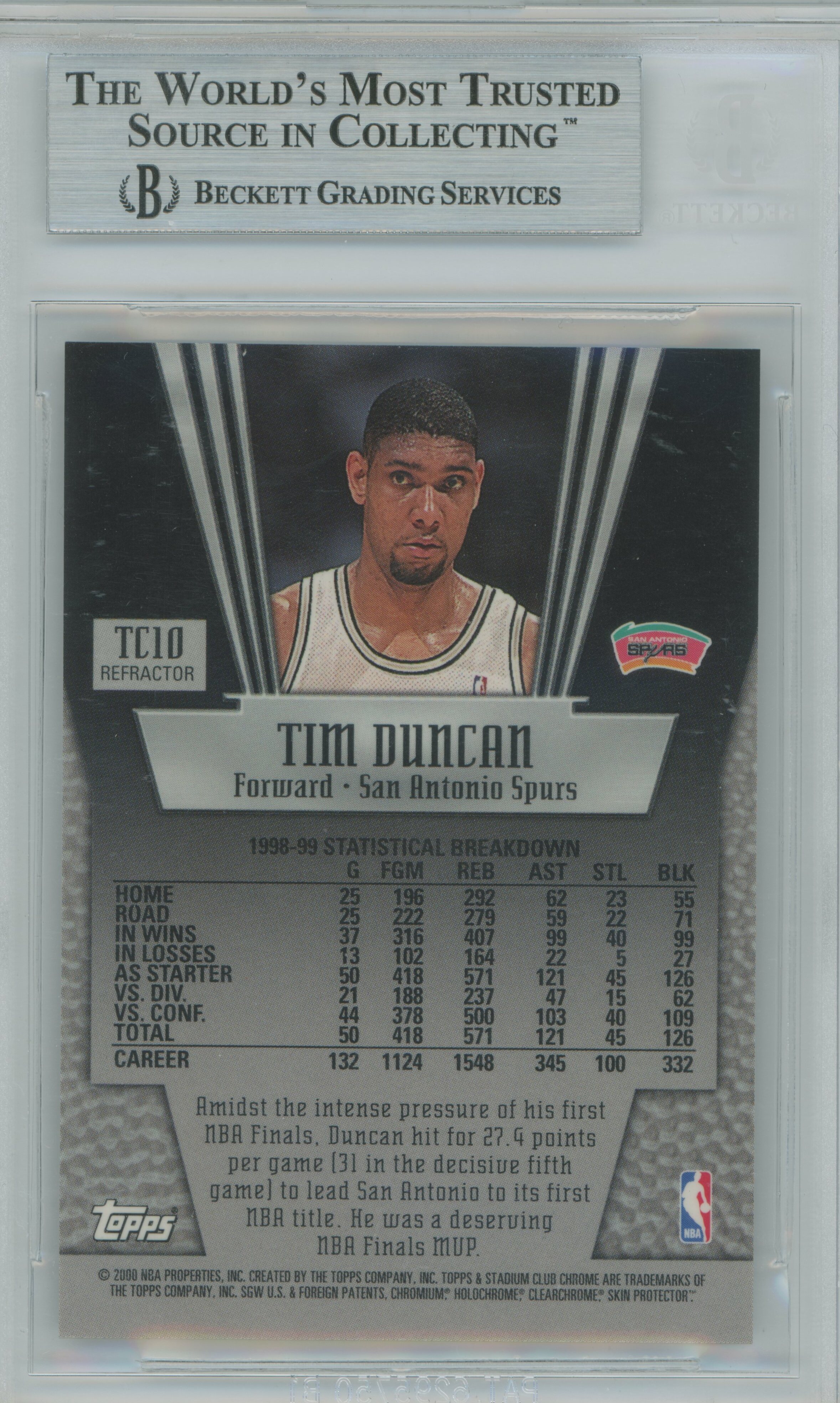 1999-00 Stadium Club Chrome True Colors Refractor Tim Duncan BGS 9