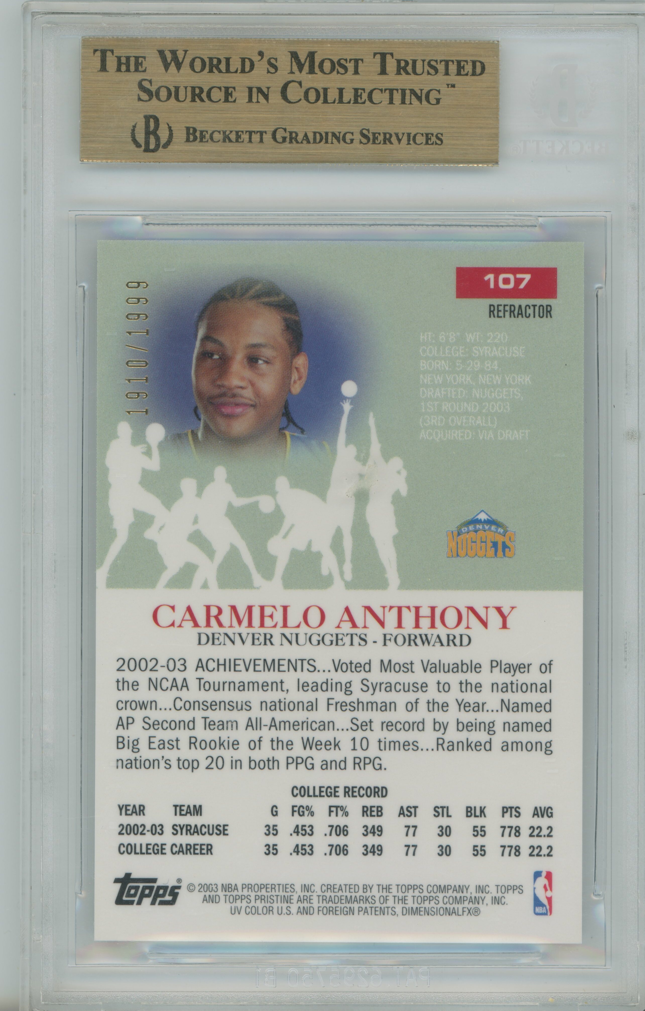 2003-04 Topps Pristine Refractor Carmelo Anthony BGS 9.5