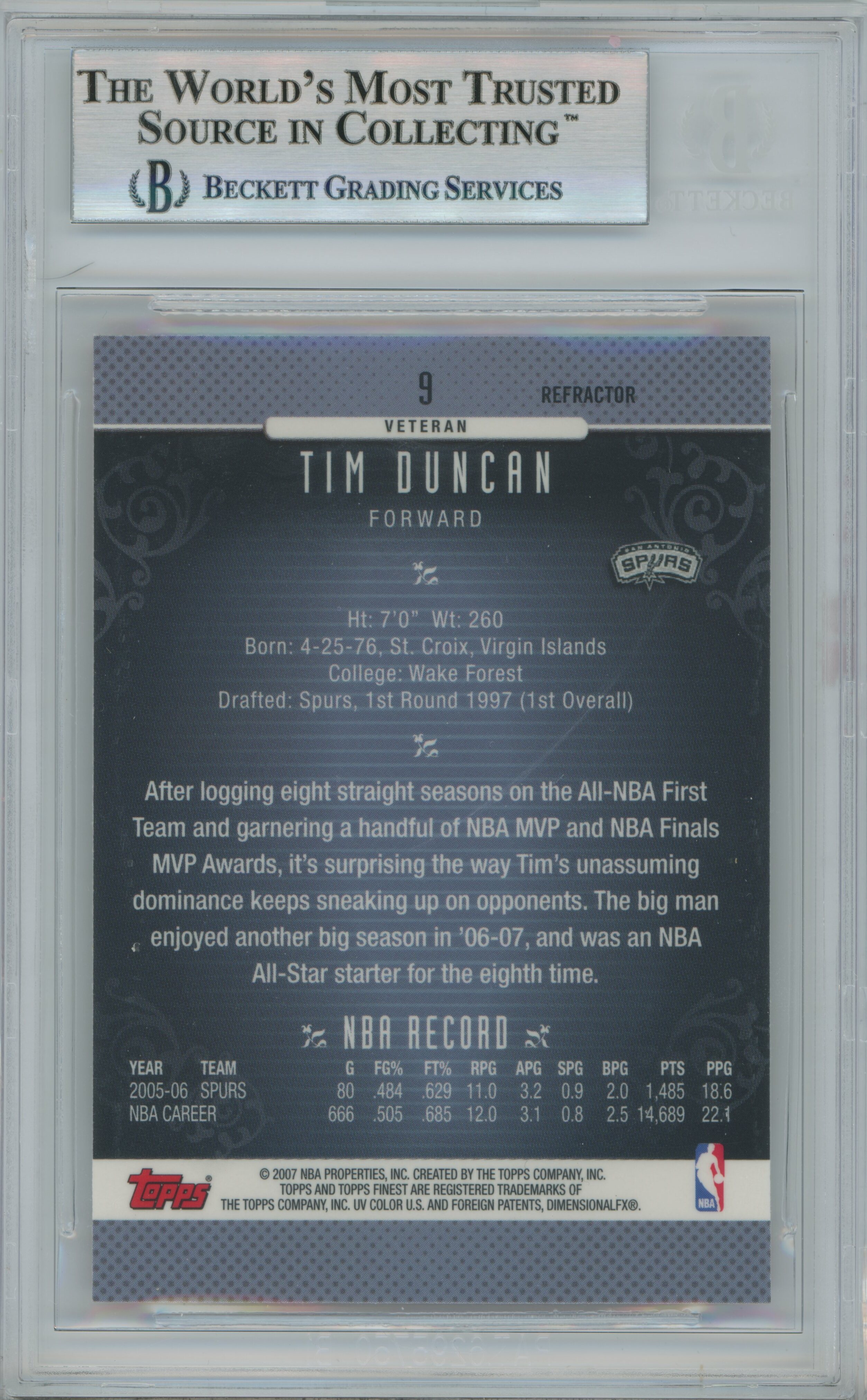 2006-07 Finest Refractor Tim Duncan BGS 9