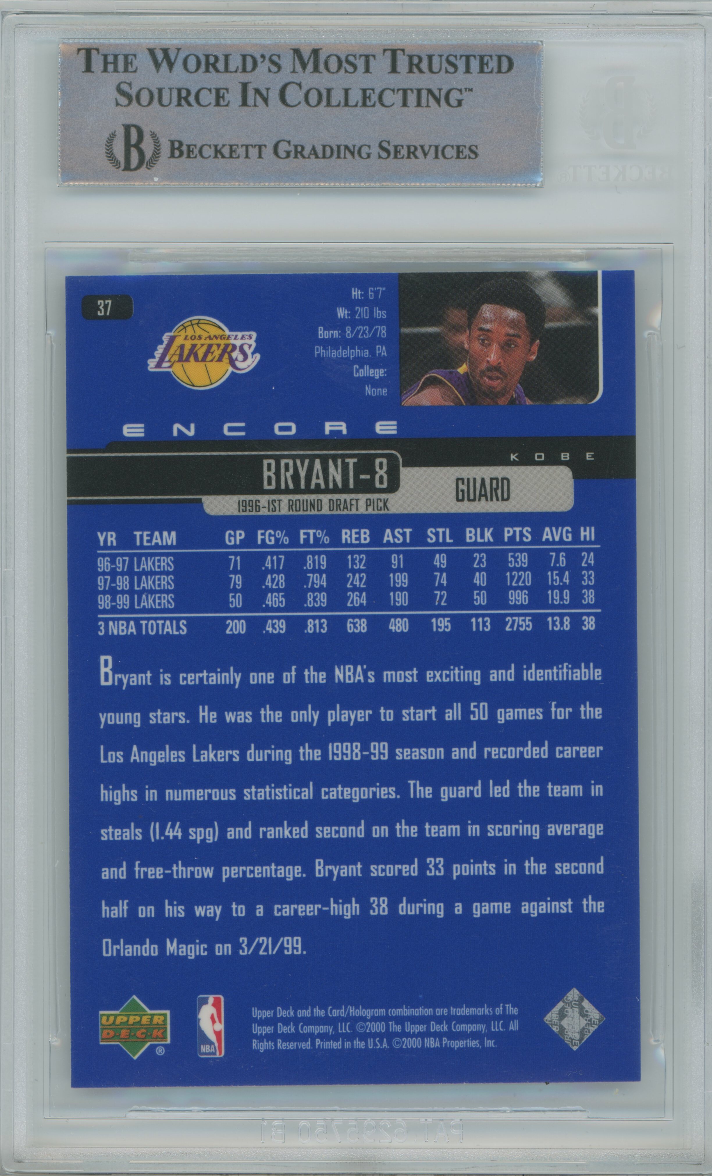 1999-00 Encore Kobe Bryant BGS 9