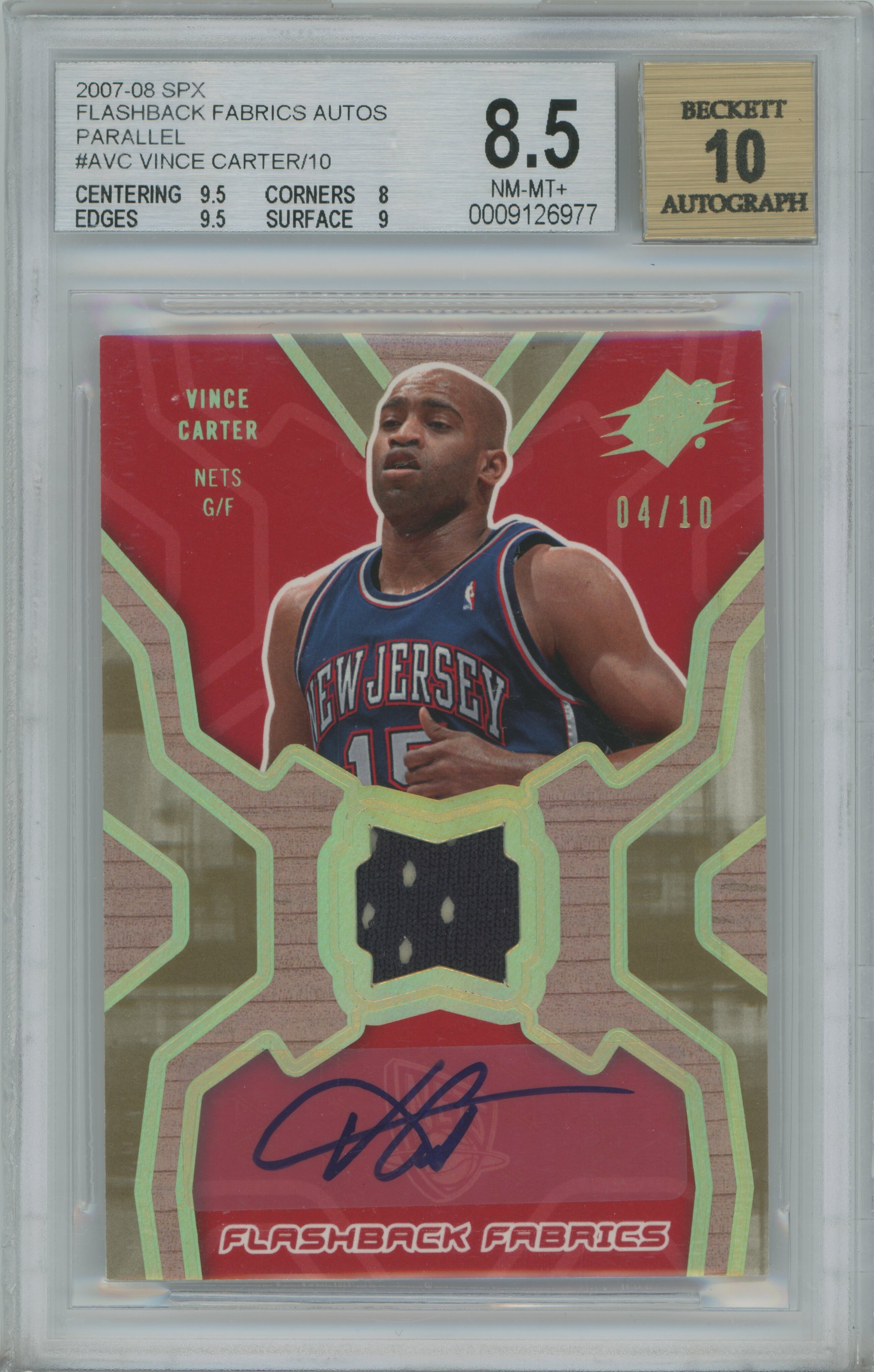 2007-08 SPx Flashback Fabrics Jersey Auto Vince Carter BGS 8.5