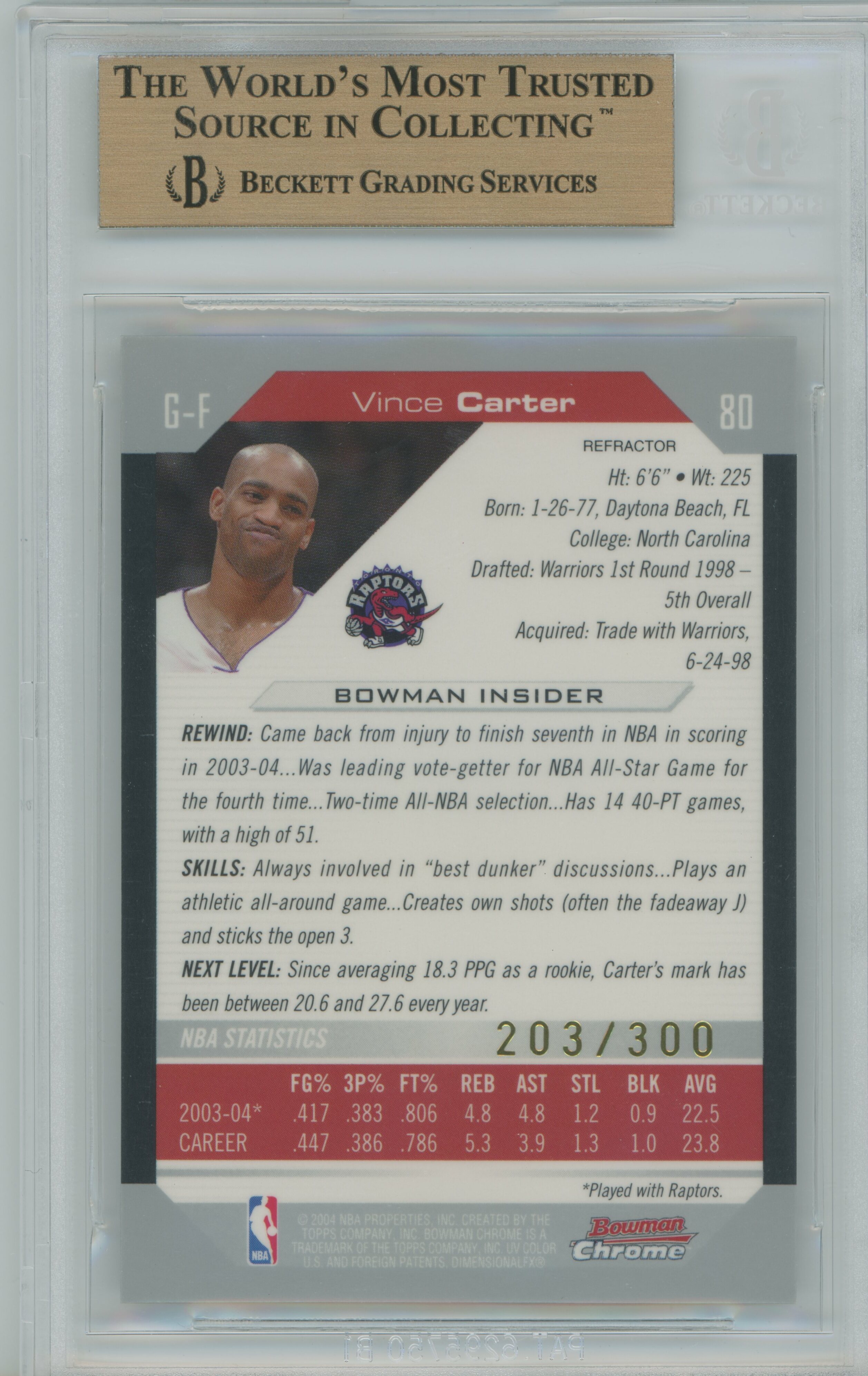 2004-05 Bowman Chrome Refractor Vince Carter BGS 9.5