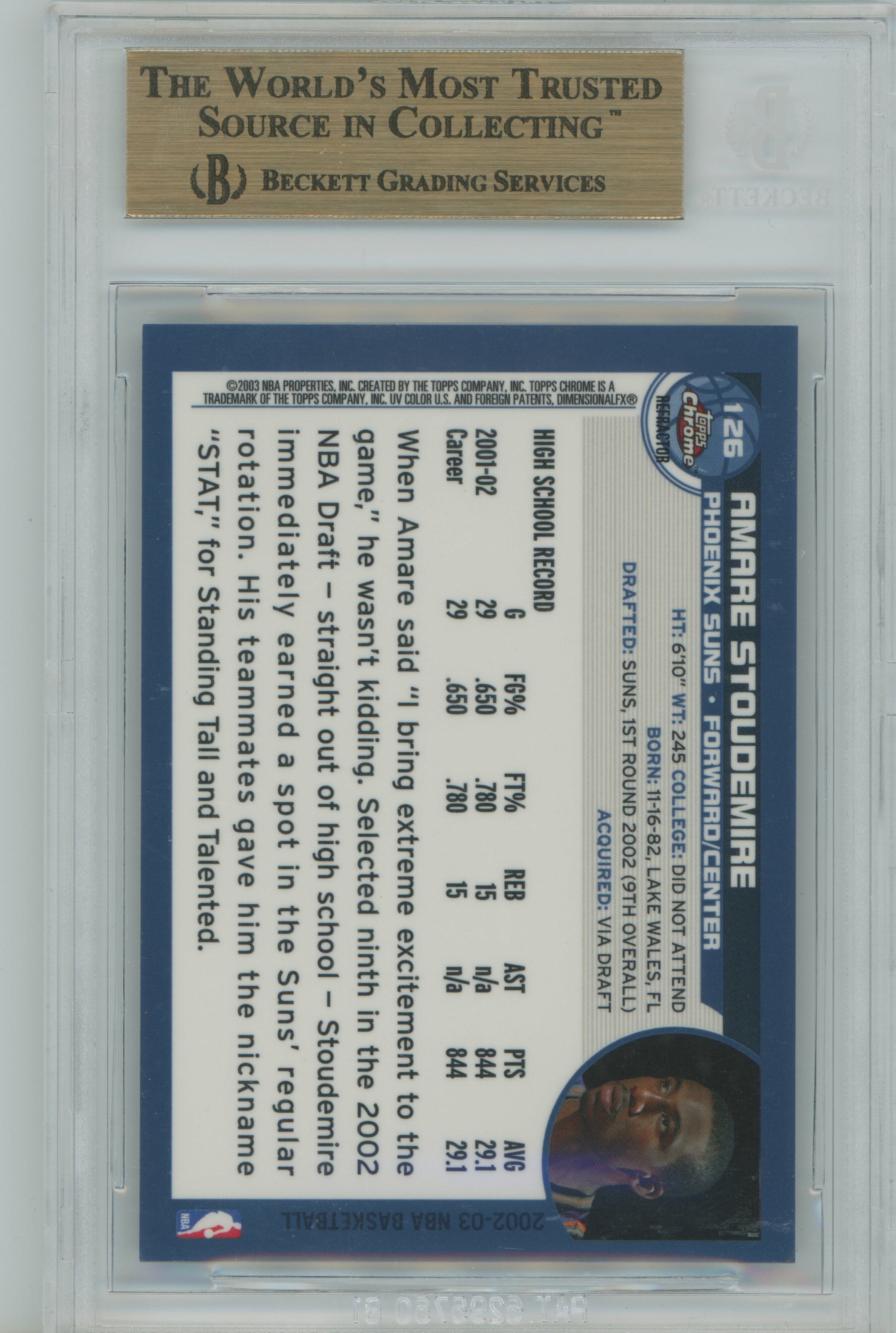 2002-03 Topps Chrome Refractor RC Amare Stoudemire BGS 9.5