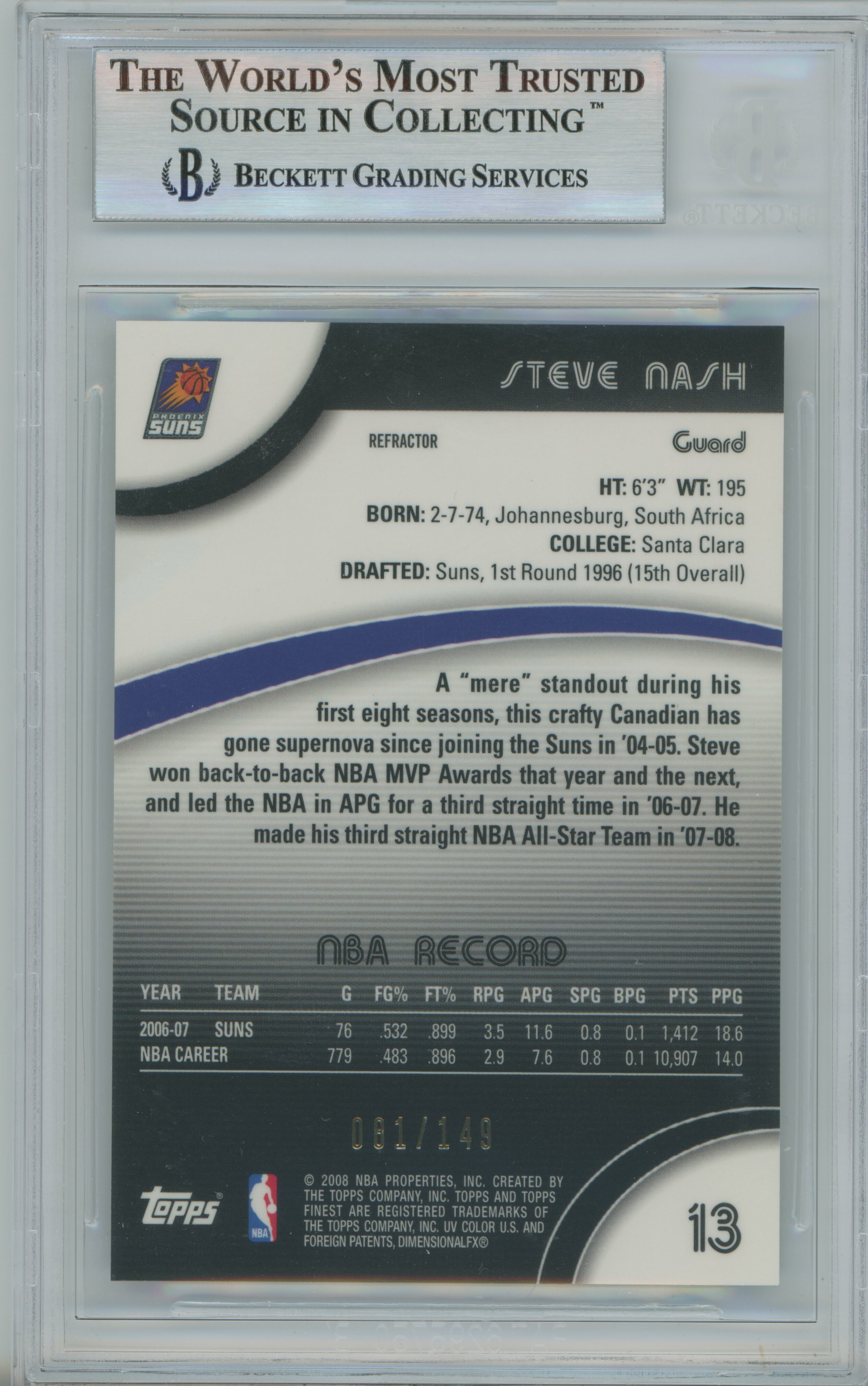 2007-08 Finest Green Refractor Steve Nash BGS 9