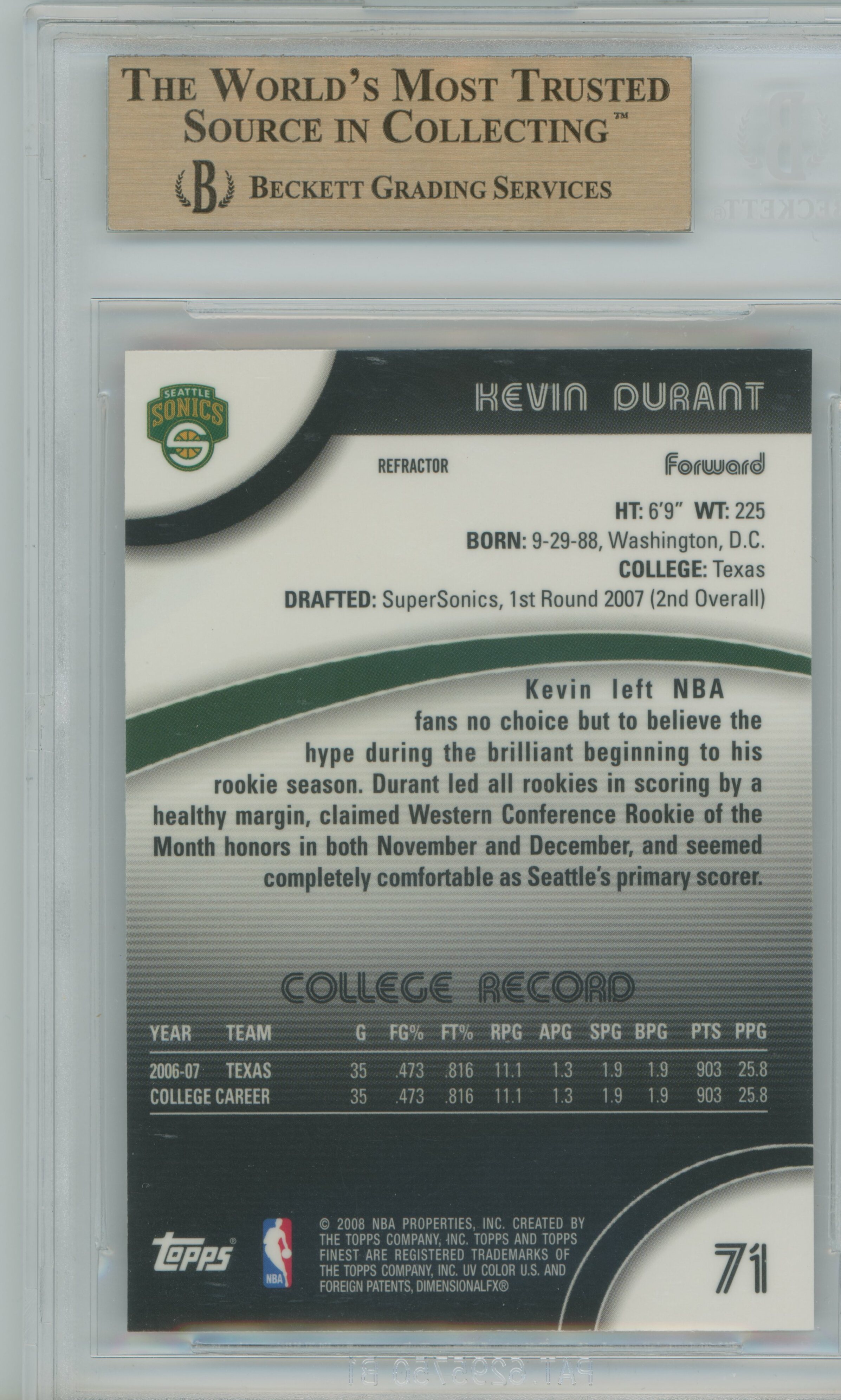 2007-08 Finest Refractor Kevin Durant BGS 9.5