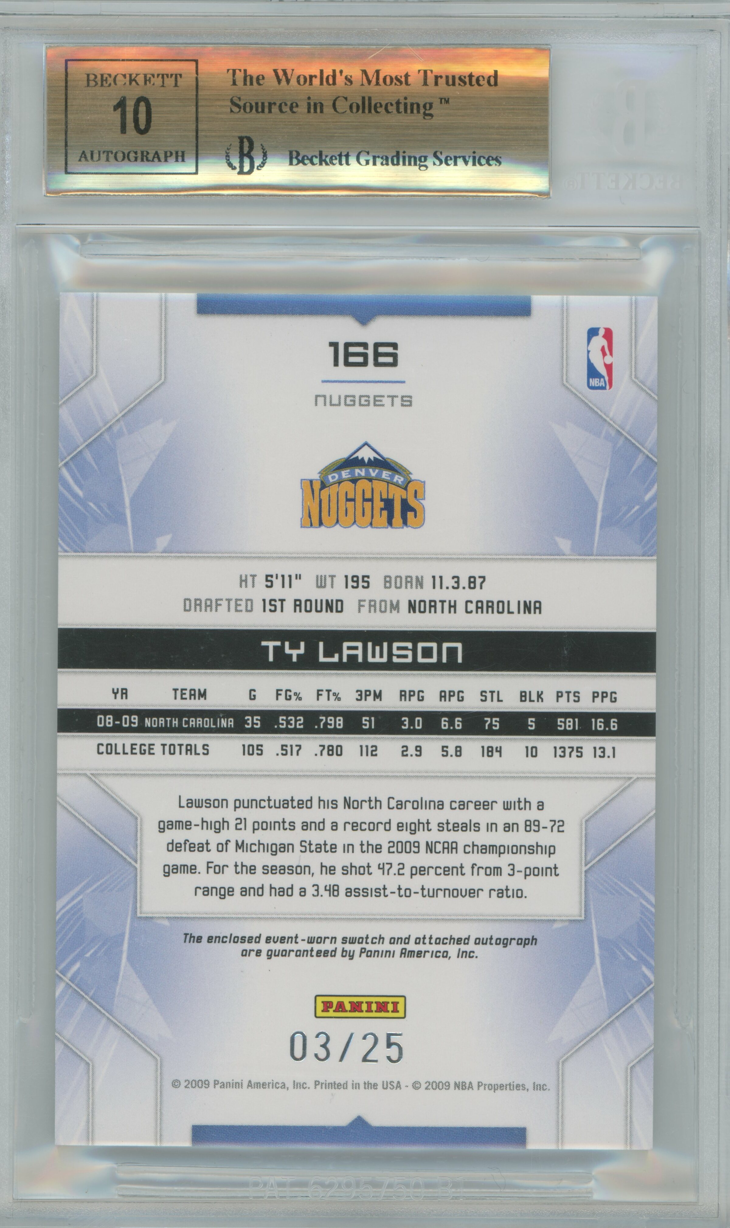 2009-10 Limited Silver Spotlight RPA Ty Lawson BGS 9.5