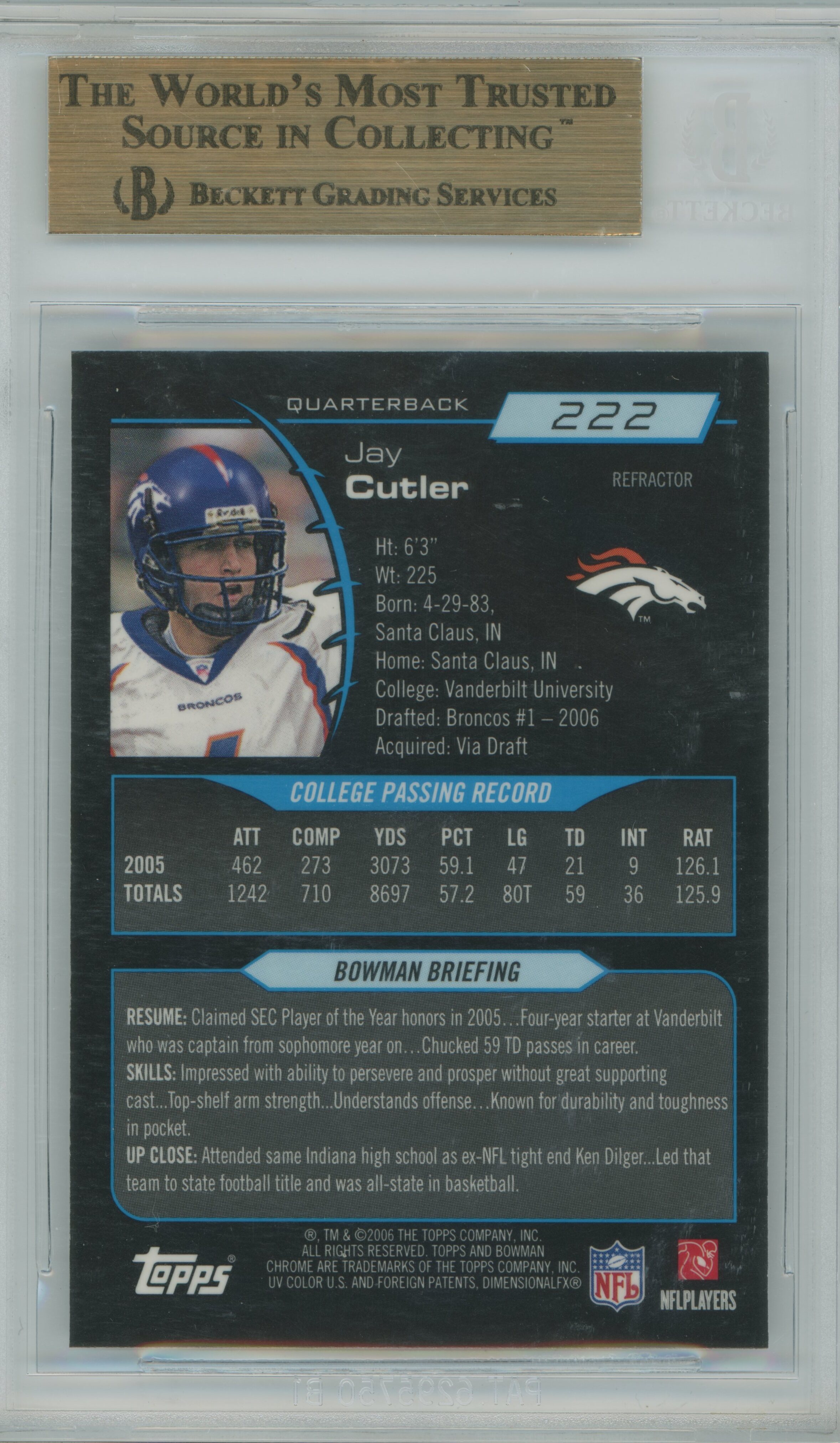 2006 Bowman Chrome Refractor Jay Cutler Rookie BGS 9.5