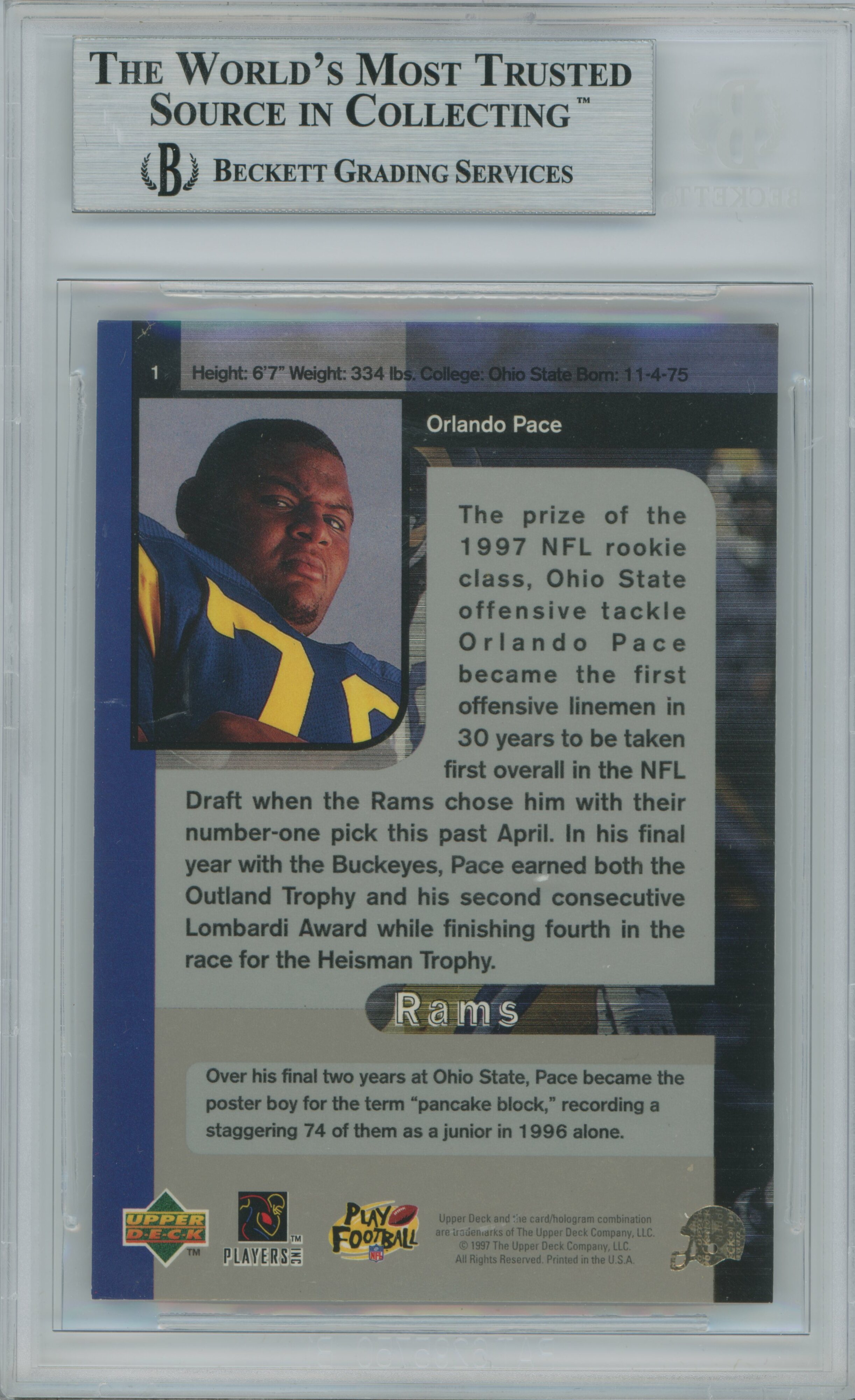 1997 SP Authentic Orlando Pace RC BGS 9
