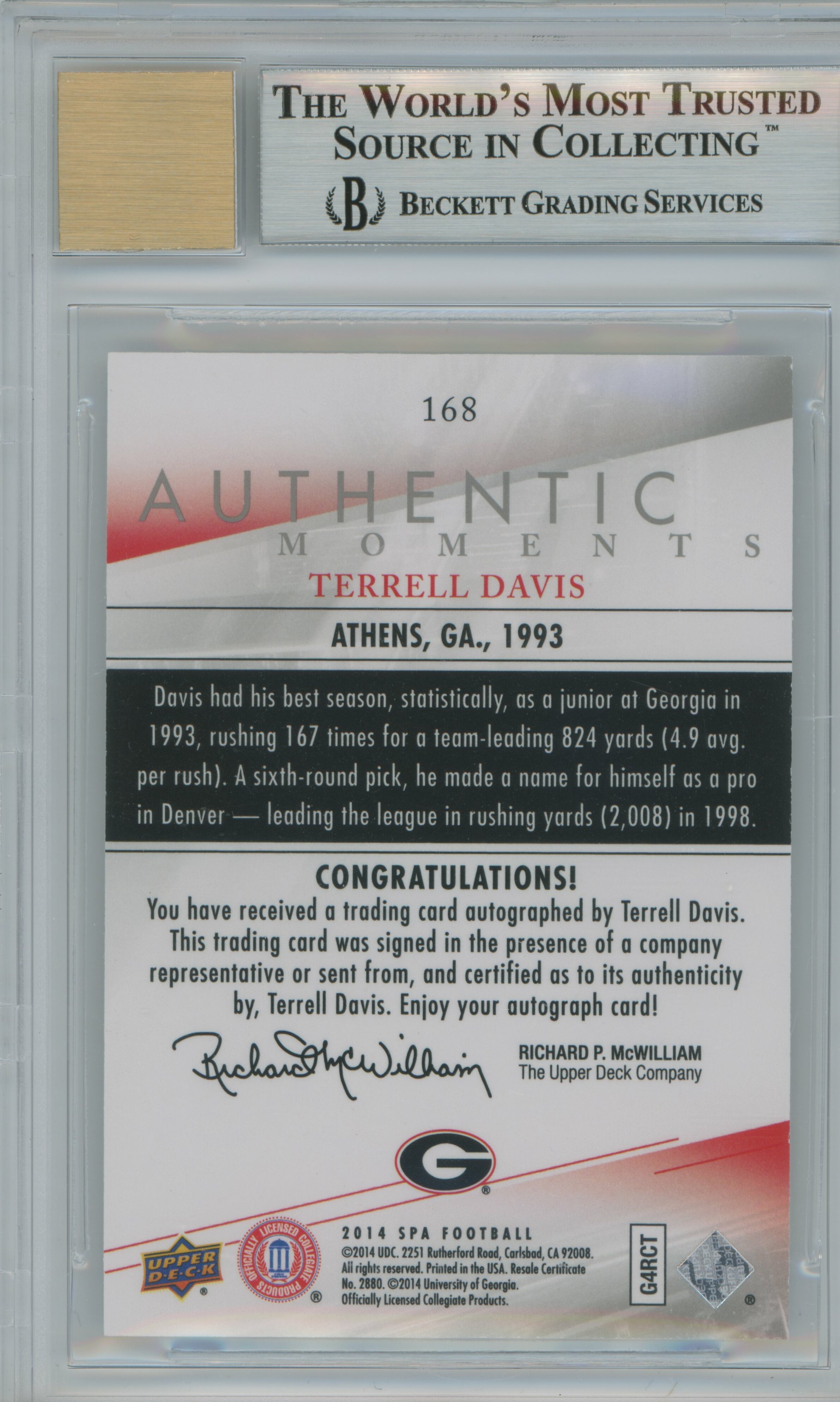 2014 SP Authentic Authentic Moments Terrell Davis Auto BGS 9
