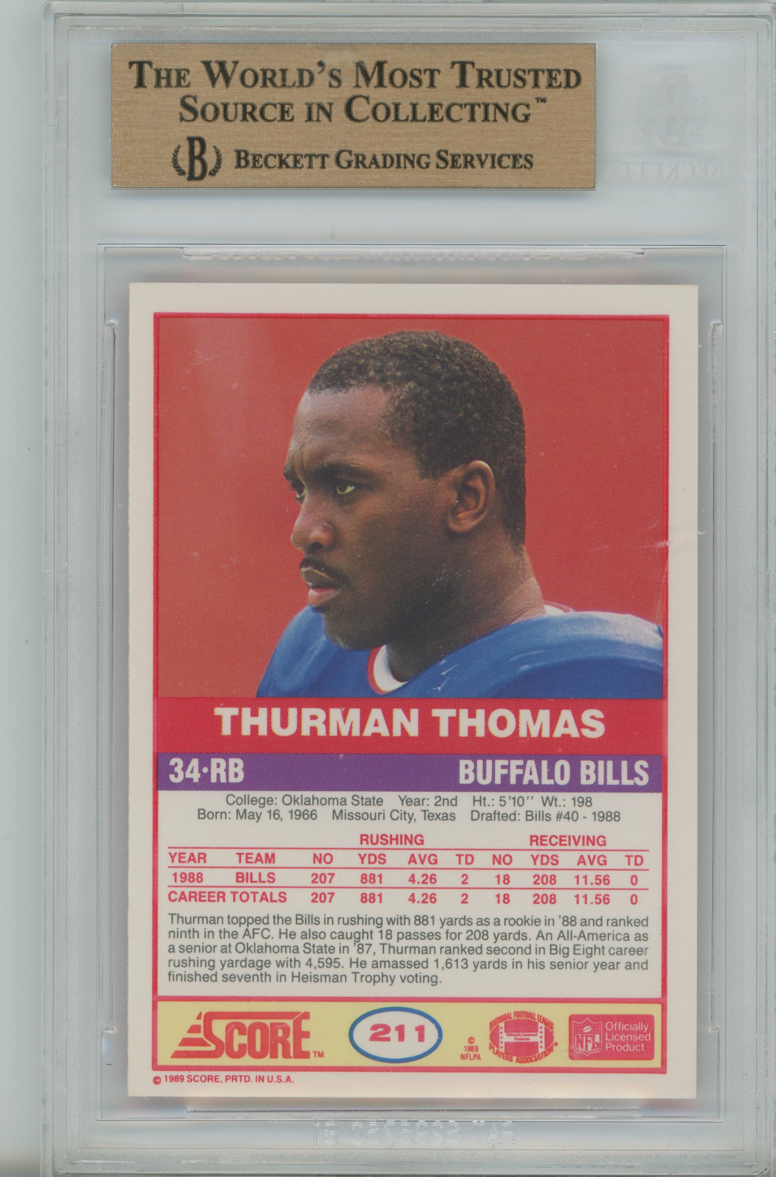 1989 Score RC Thurman Thomas BGS 9.5