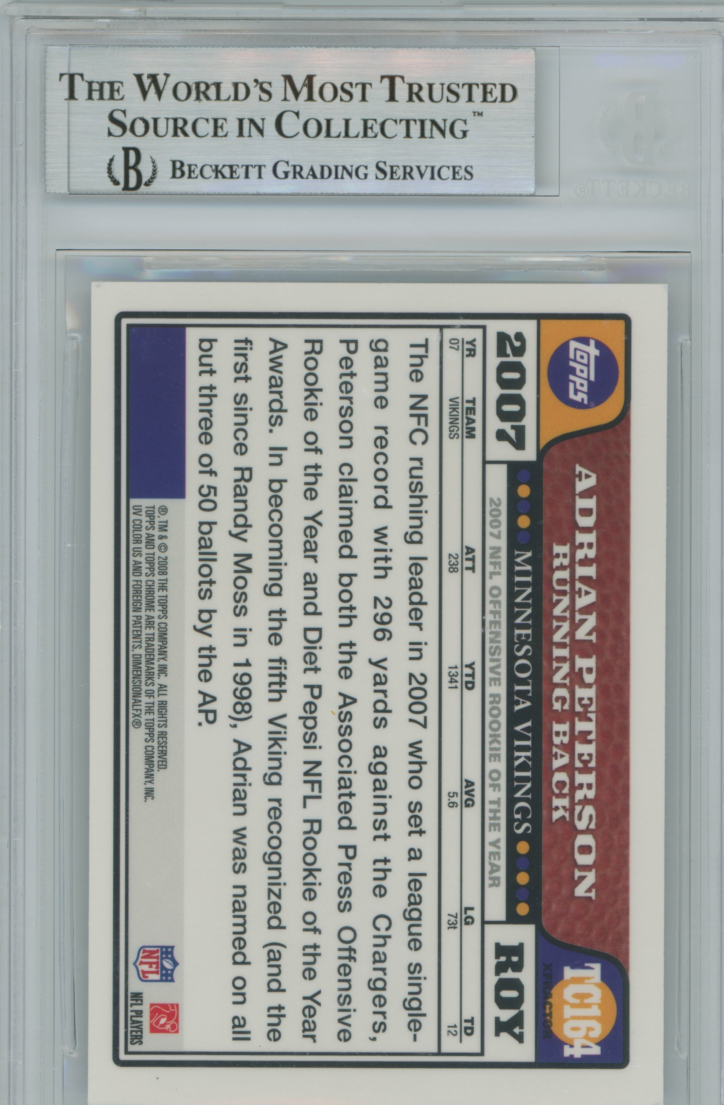 2008 Topps Chrome OROY Xfractor Adrian Peterson BGS 9