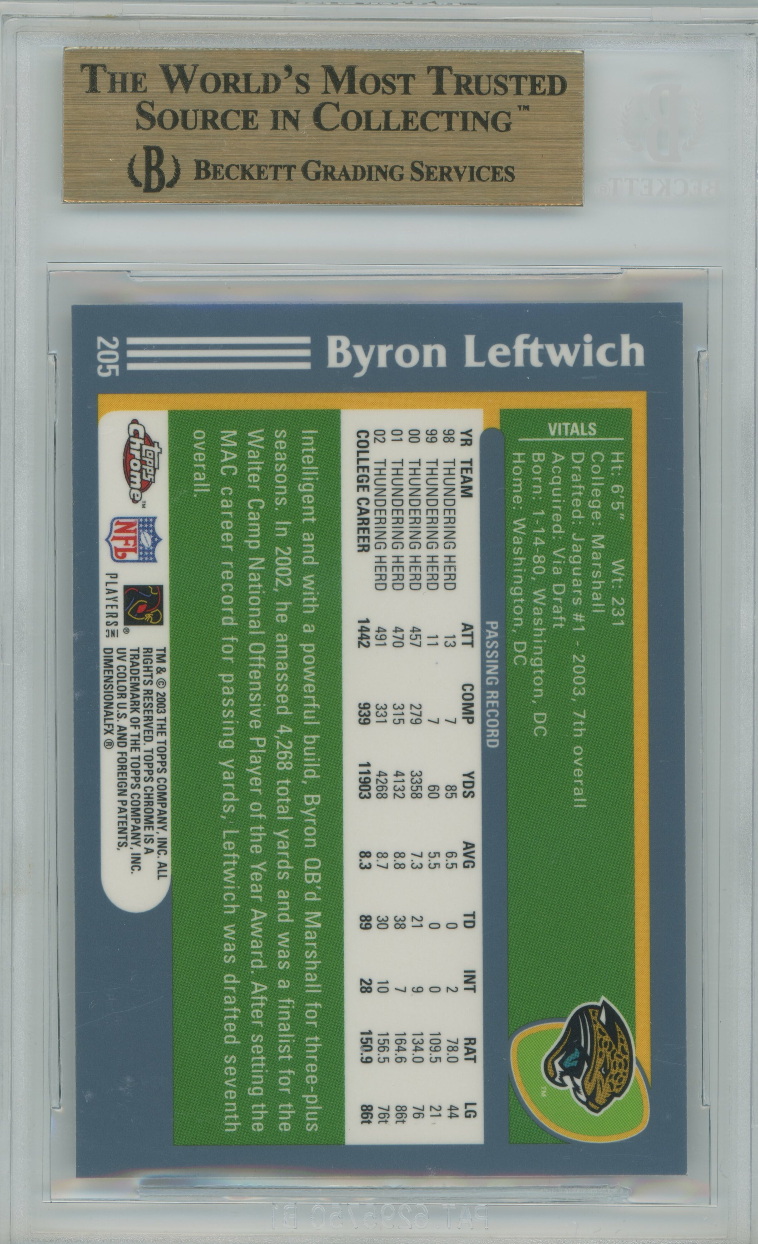 2003 Topps Chrome Byron Leftwich BGS 9.5