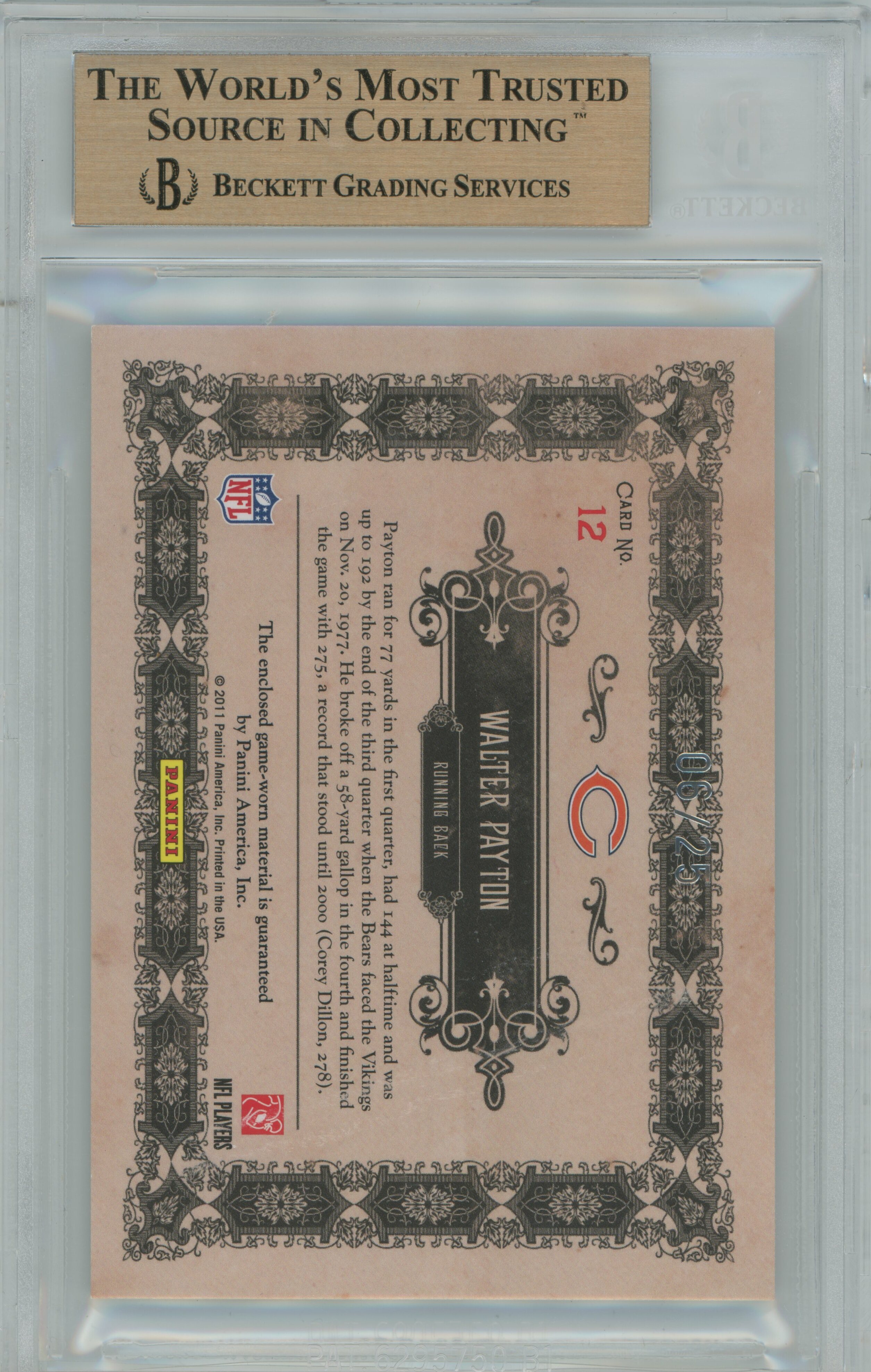 2011 Gold Standard Golden Ace Materials Prime Patch Walter Payton BGS 9.5