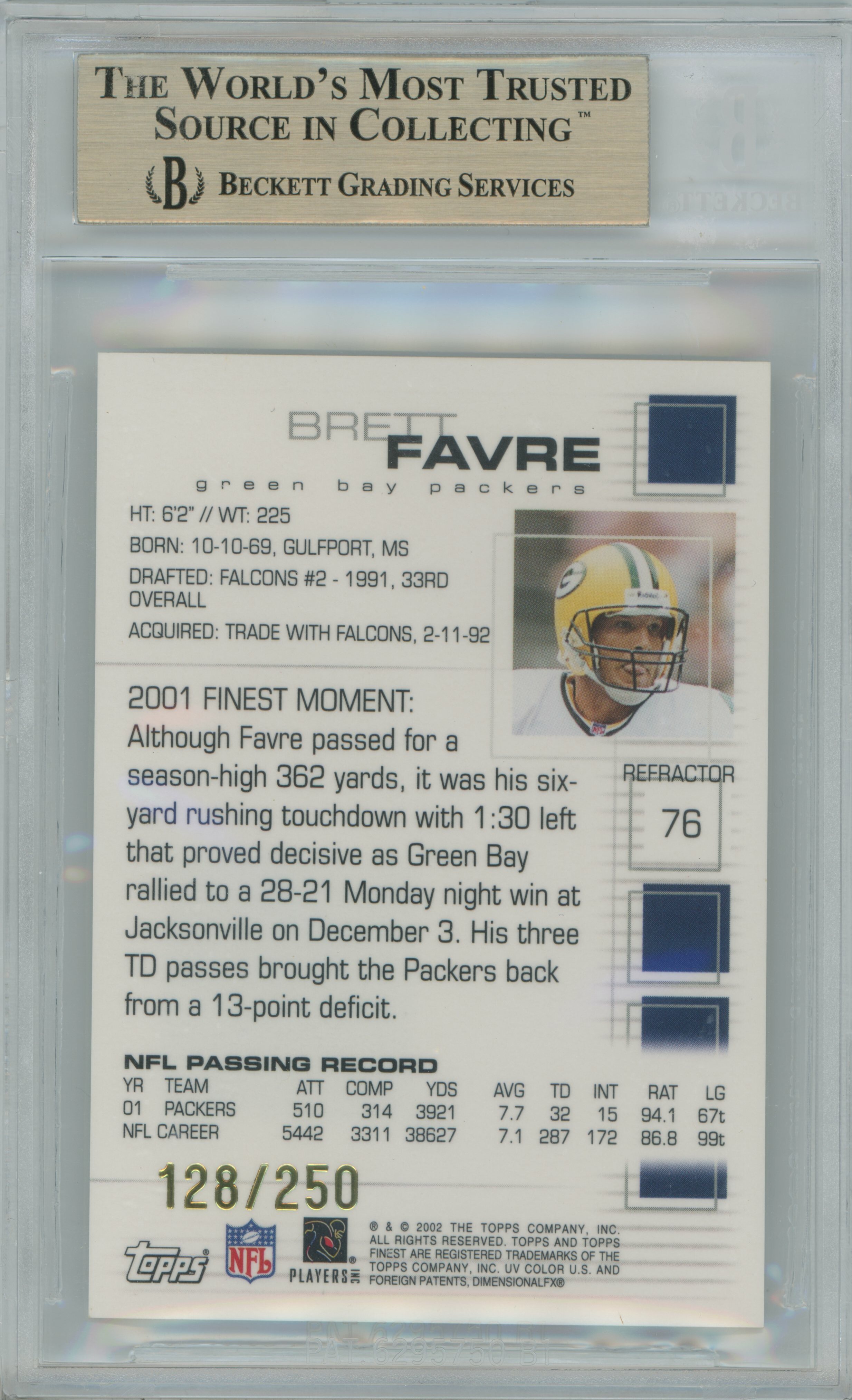 2002 Finest Refractor Jersey Brett Favre BGS 9.5