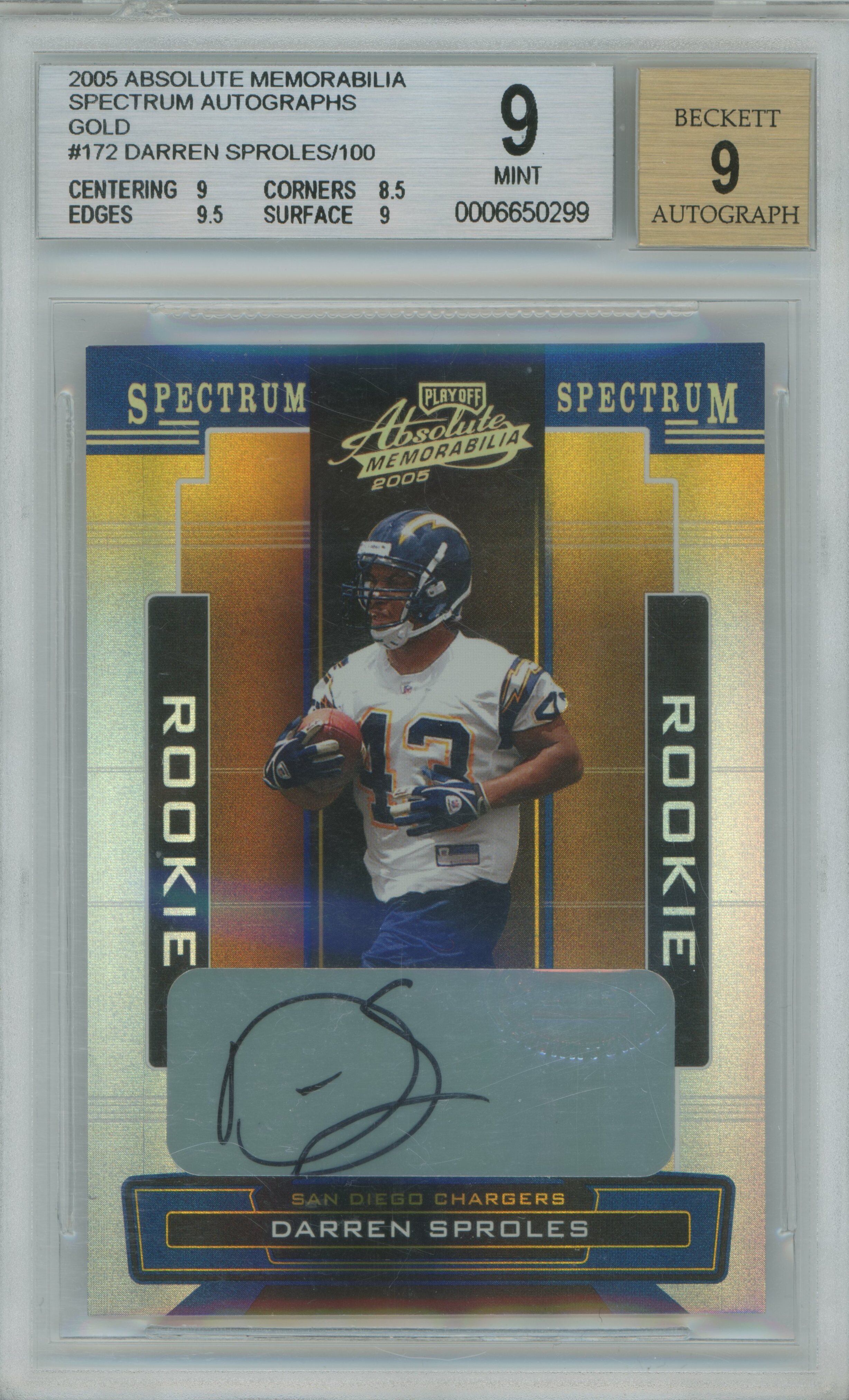 2005 Absolute Memorabilia Spectrum Gold Auto RC Darren Sproles BGS 9