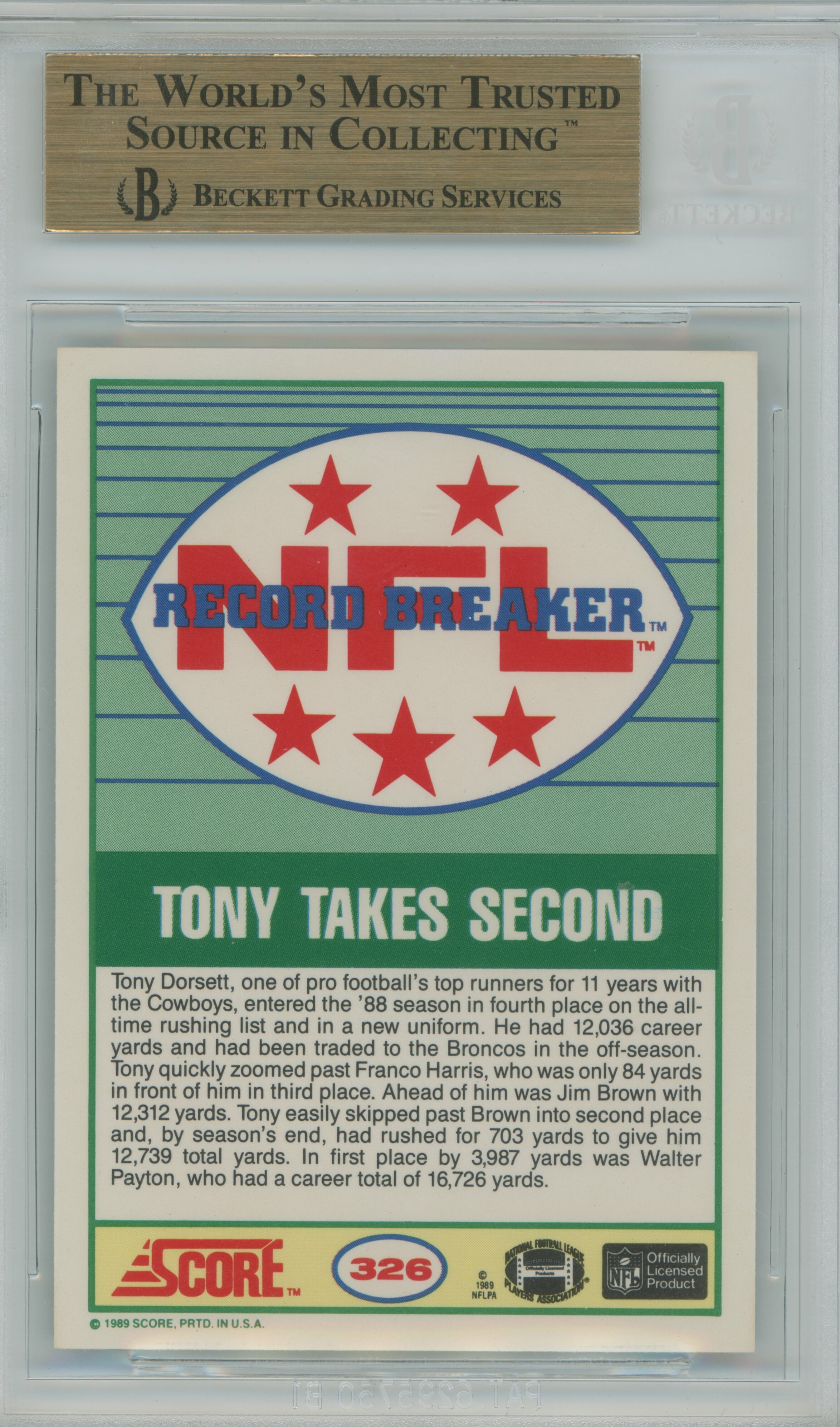 1989 Score Record Breaker Tony Dorsett BGS 9.5