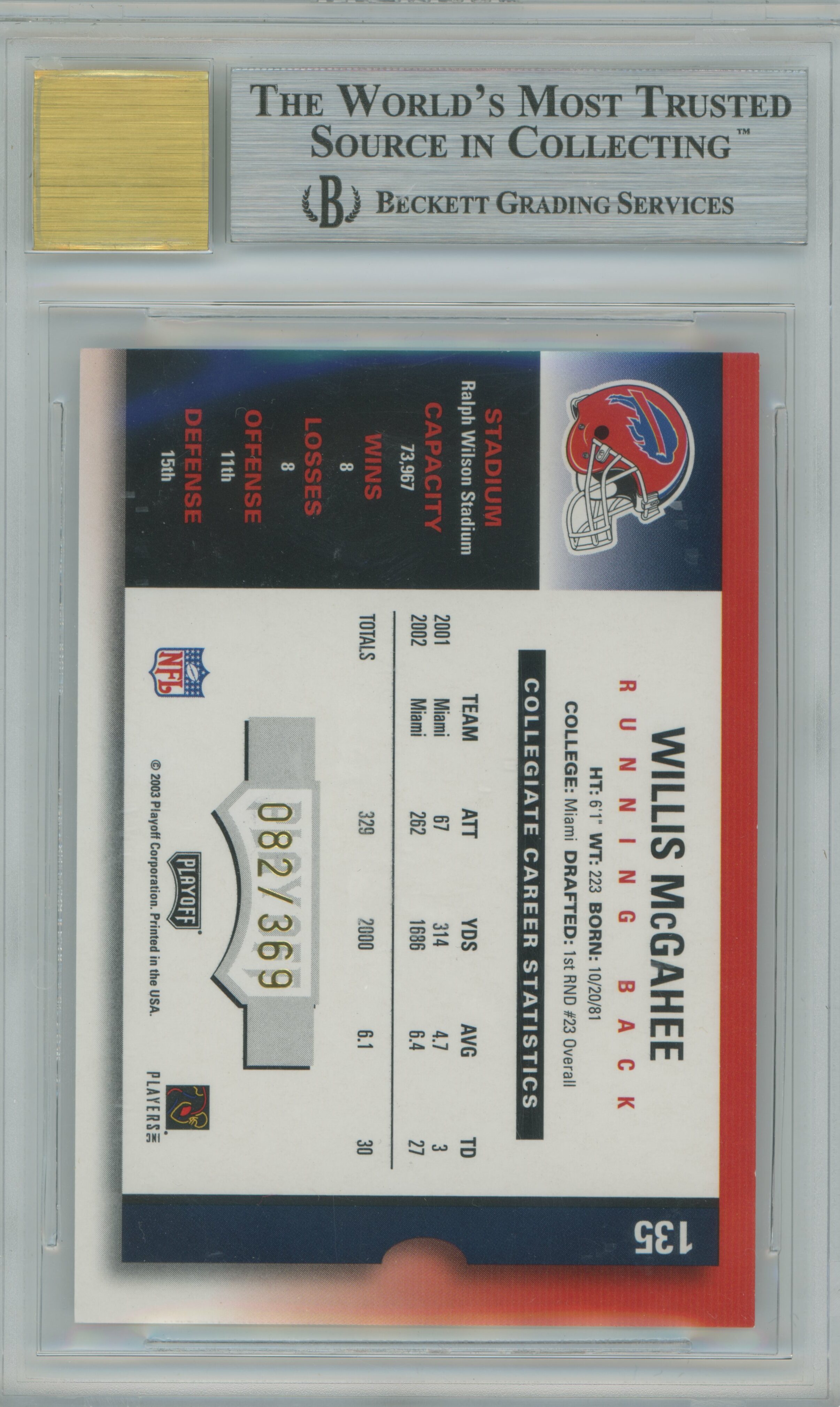 2003 Contenders Auto RC Willis McGahee BGS 9