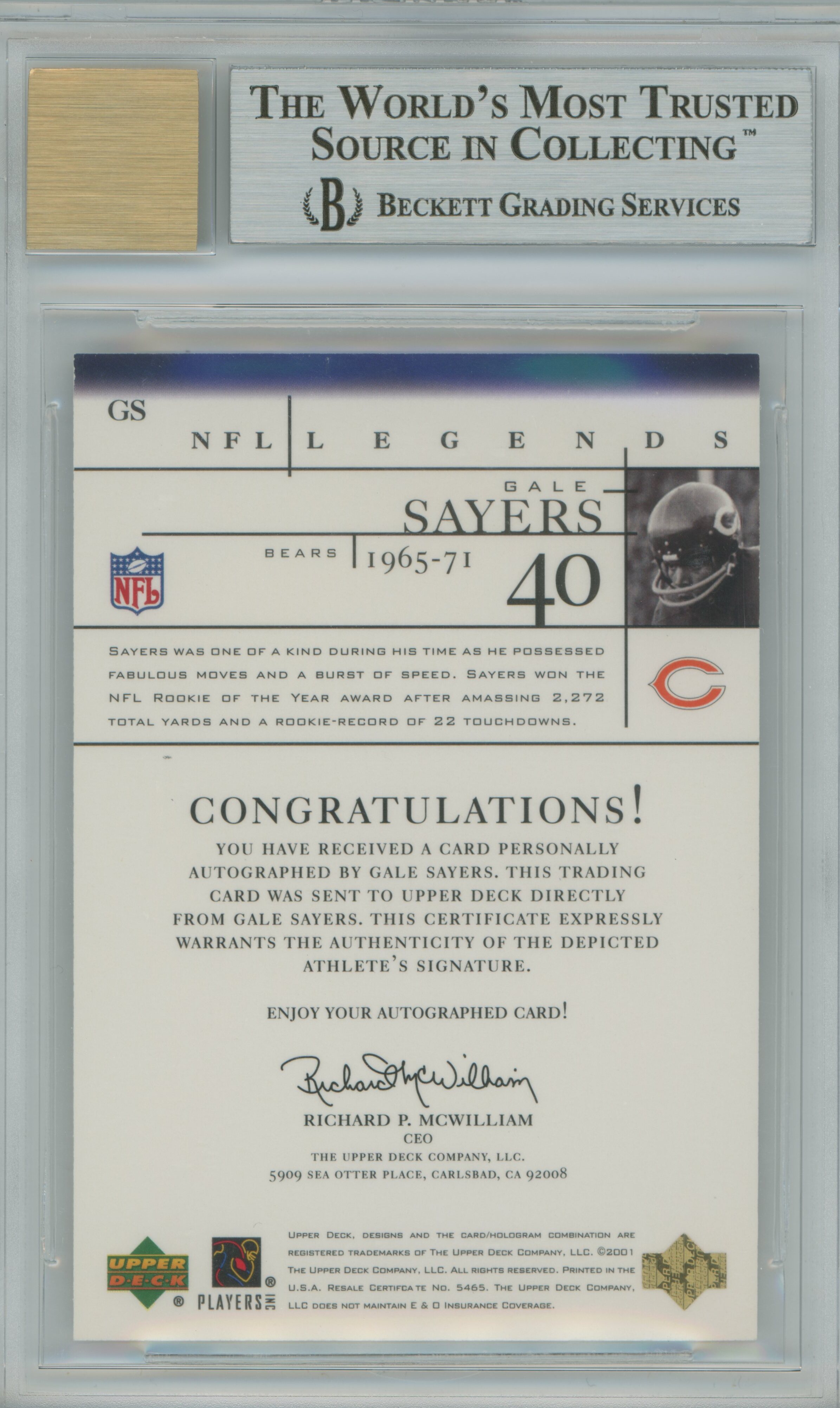 2001 Legends Auto Gale Sayers BGS 9