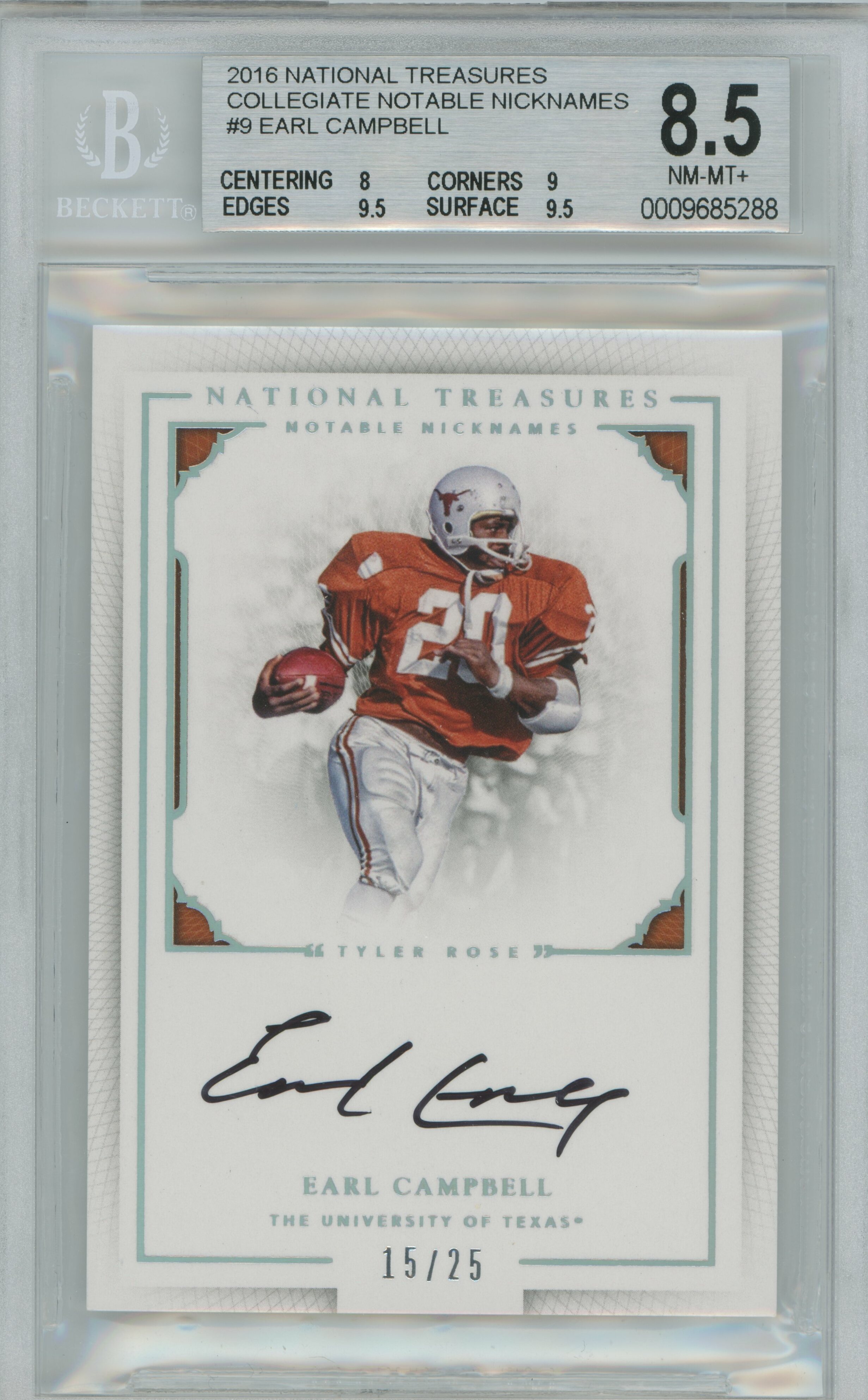 2016 National Treasures Collegiate Notable Nicknames Auto Earl Campbell BGS 8.5