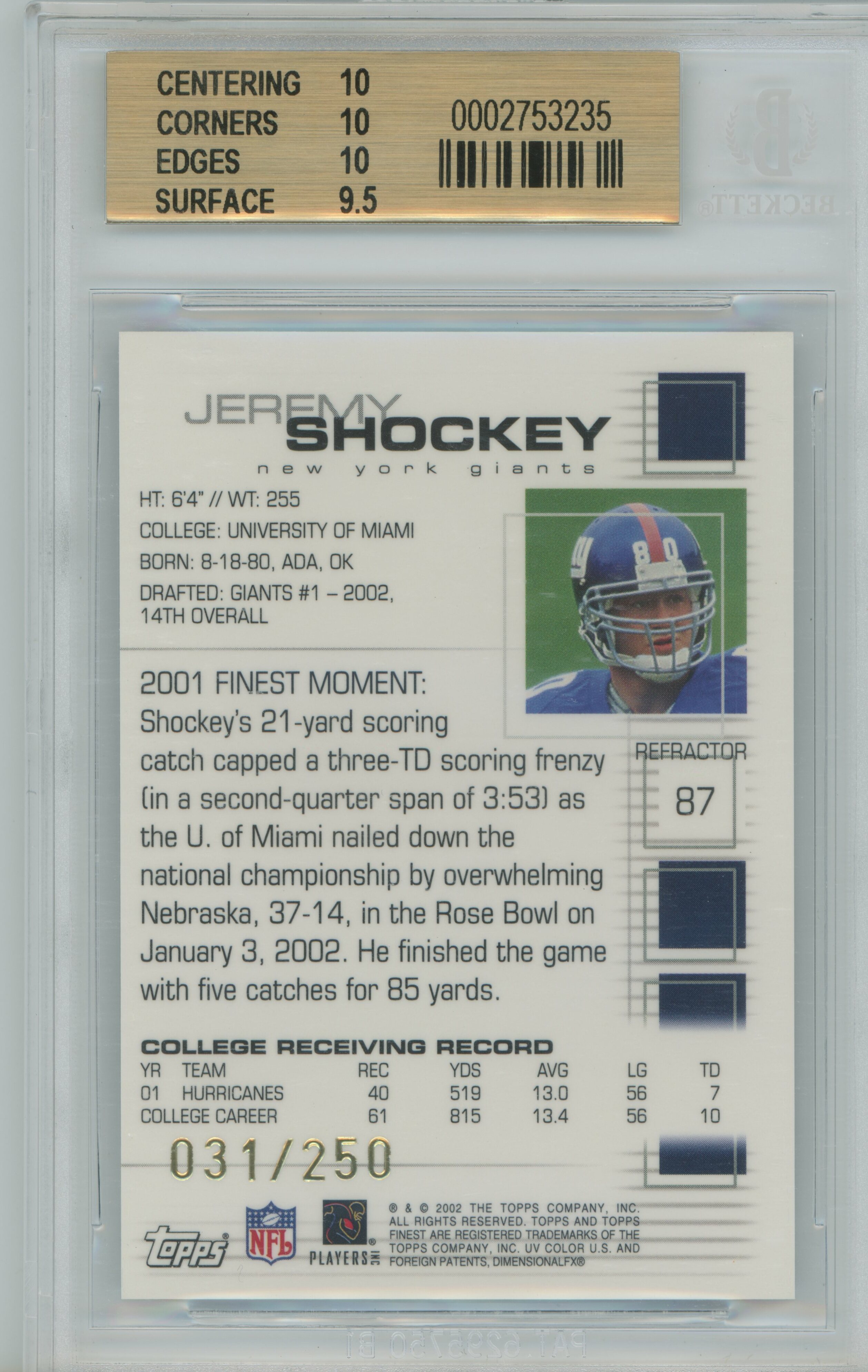 2002 Finest Refractor Jeremy Shockey BGS 10