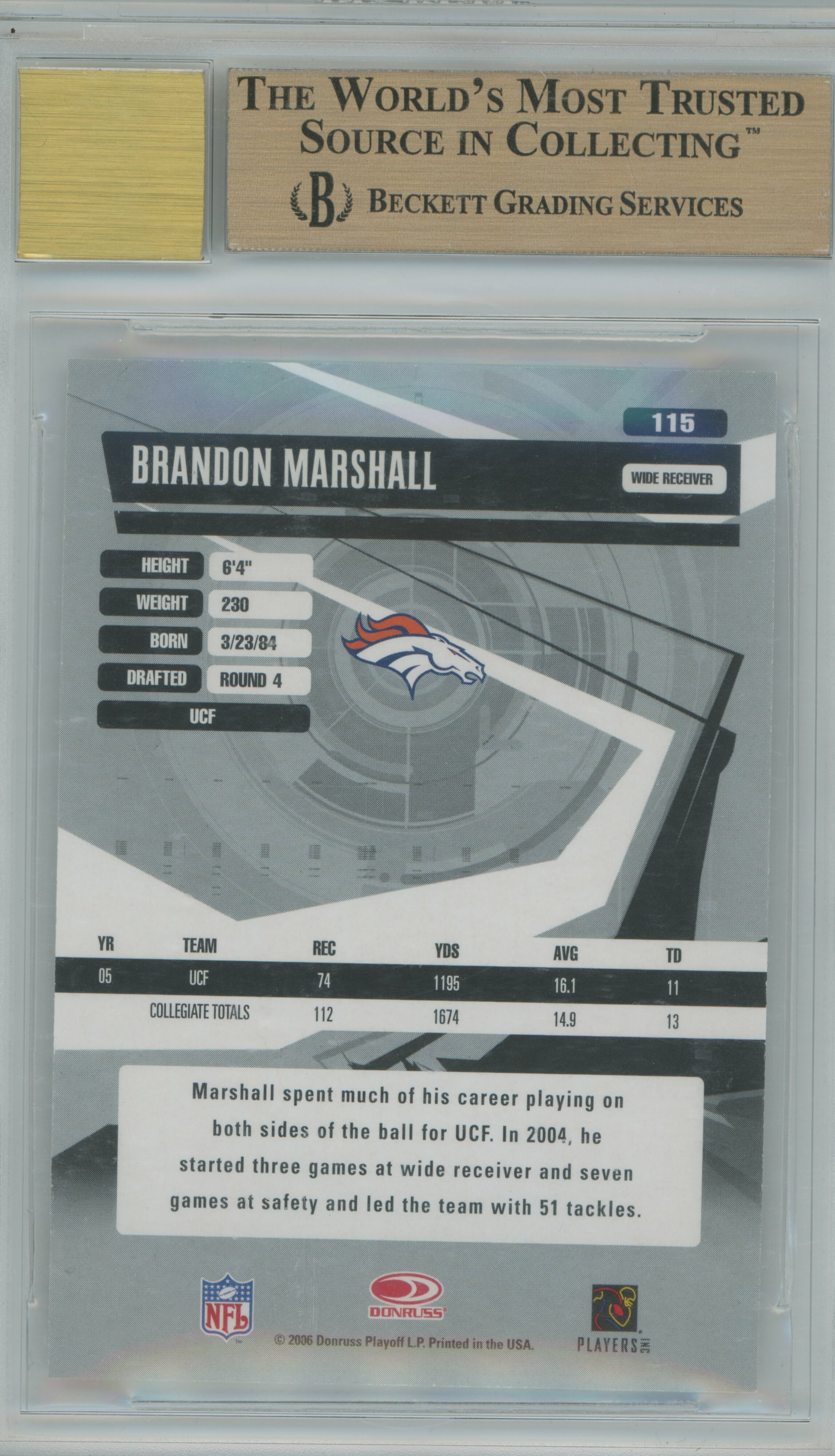 2006 Elite Turn of the Century Auto RC Brandon Marshall BGS 9.5