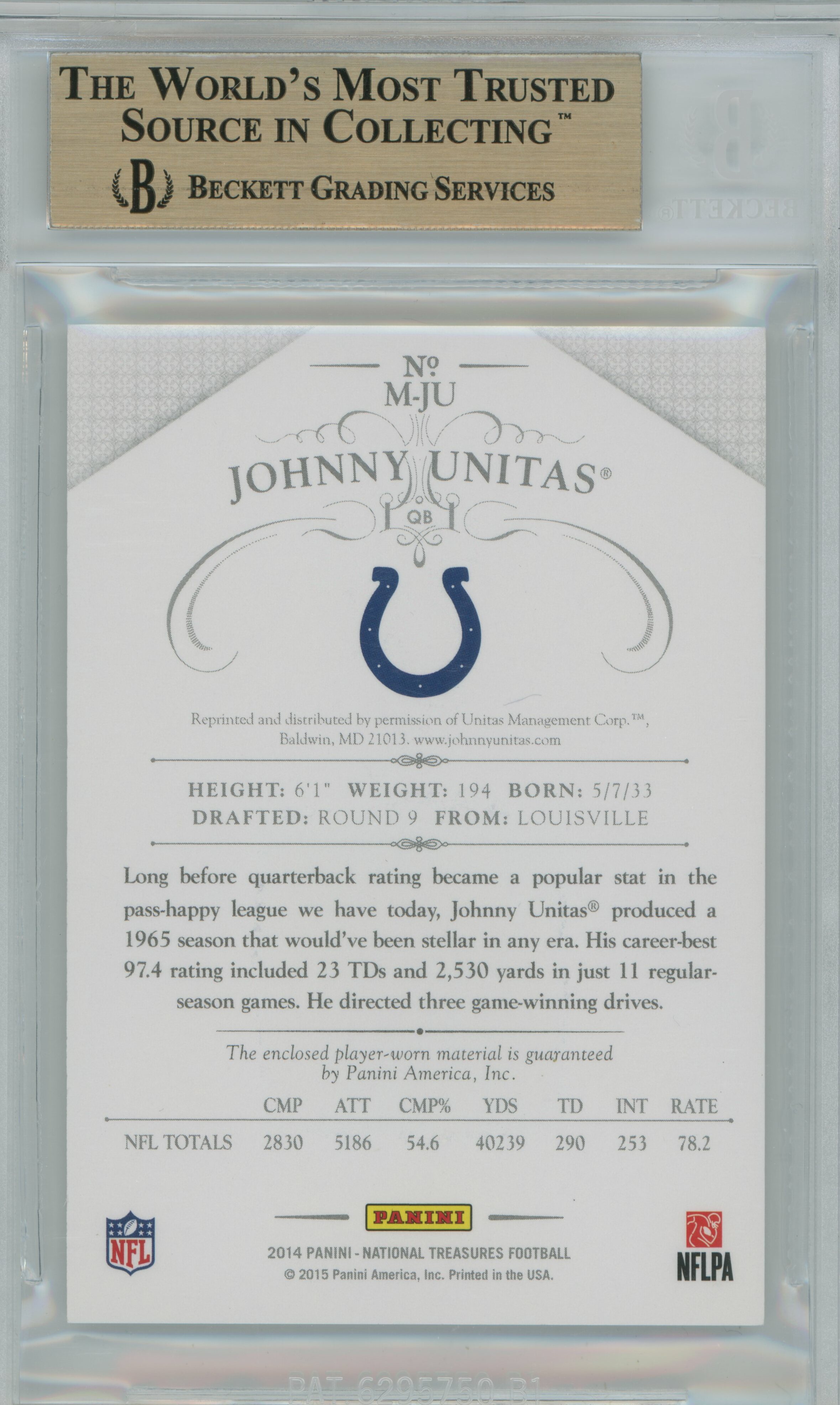 2014 National Treasures Materials Laundry Tag Red 1/1 Johnny Unitas BGS 9.5