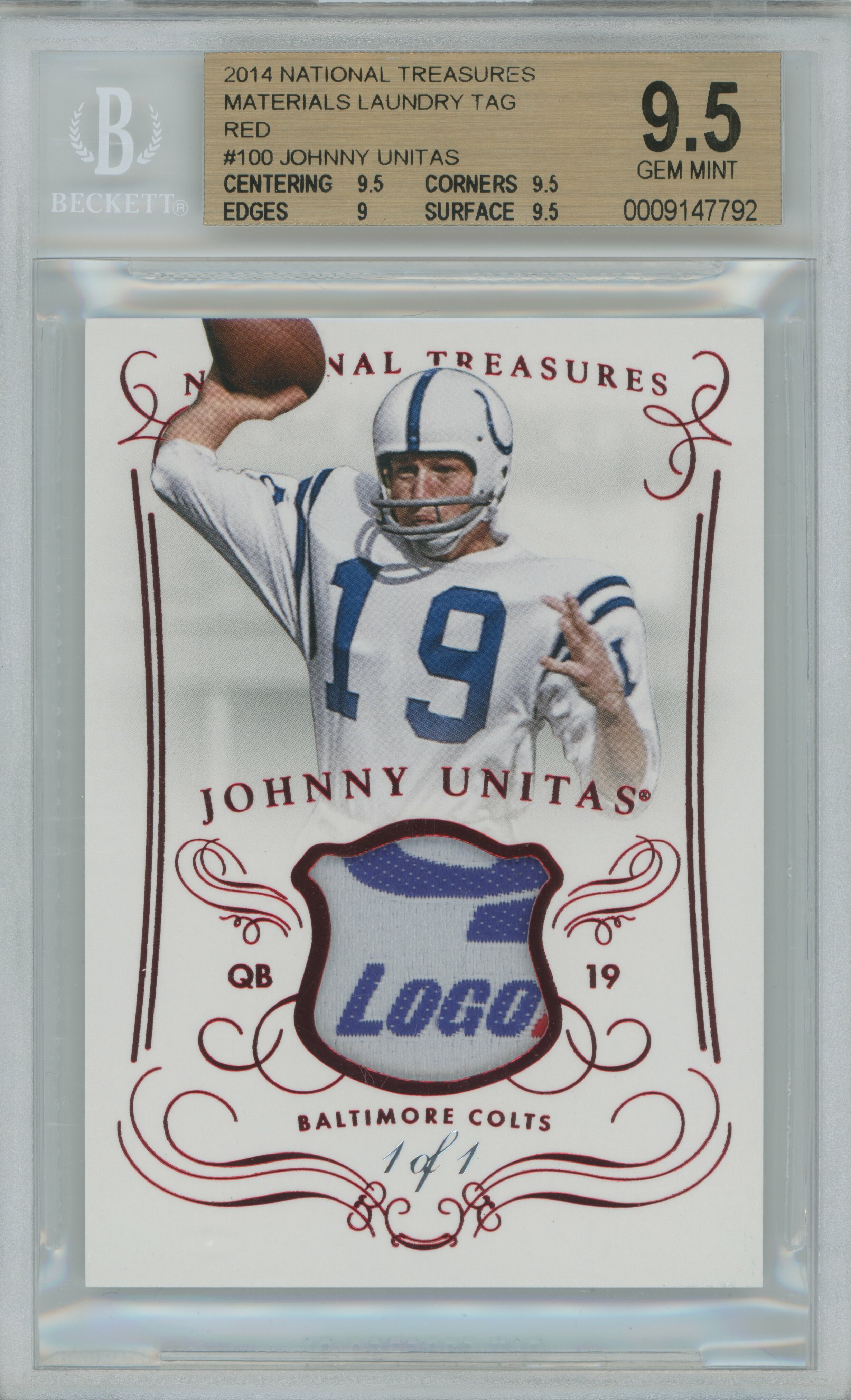 2014 National Treasures Materials Laundry Tag Red 1/1 Johnny Unitas BGS 9.5