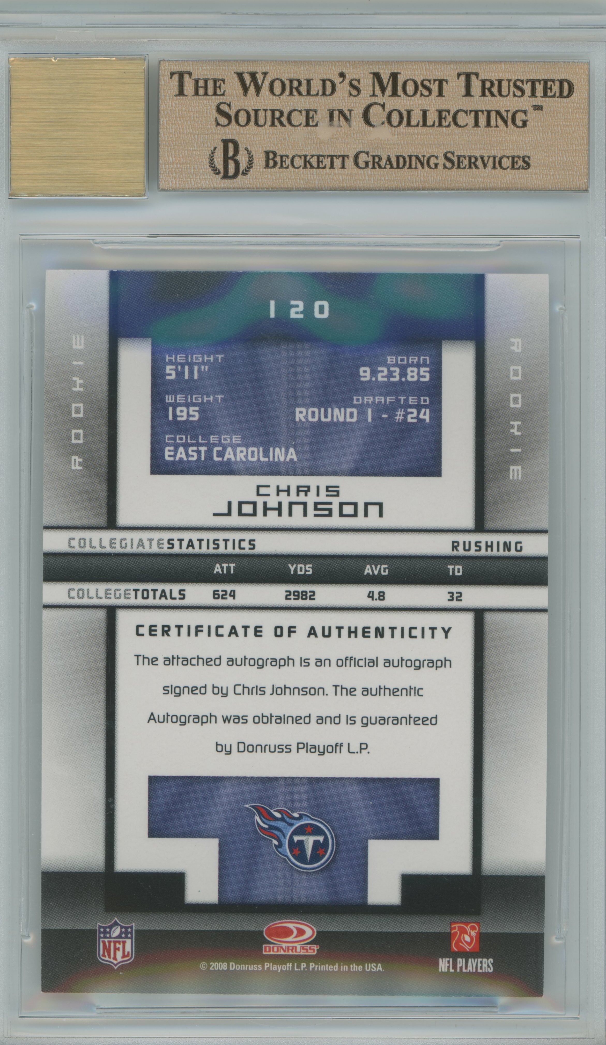 2008 Elite Turn of the Century Auto RC Chris Johnson BGS 9.5