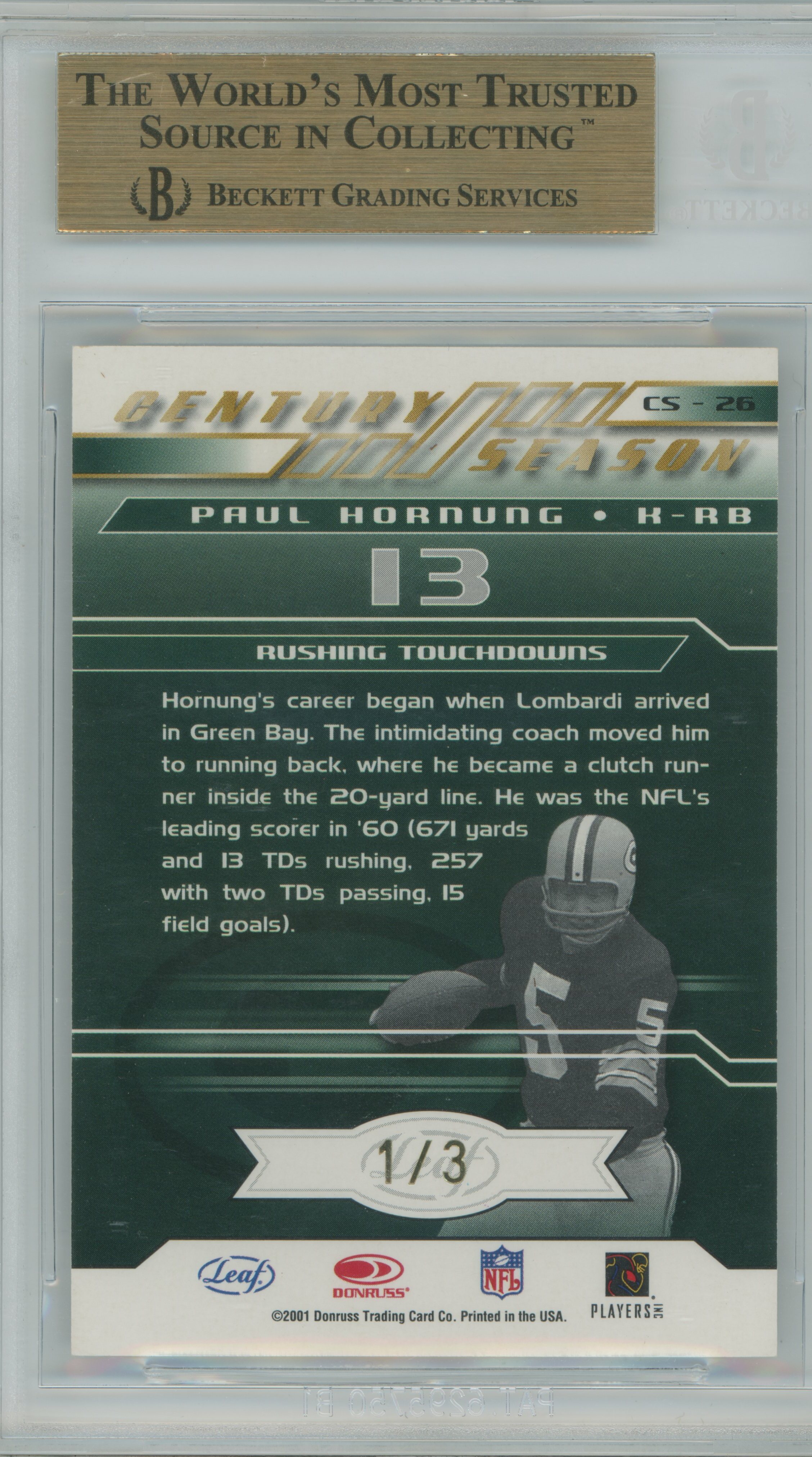 2001 Quantum Leaf Century Season Signatures Paul Hornung BGS A