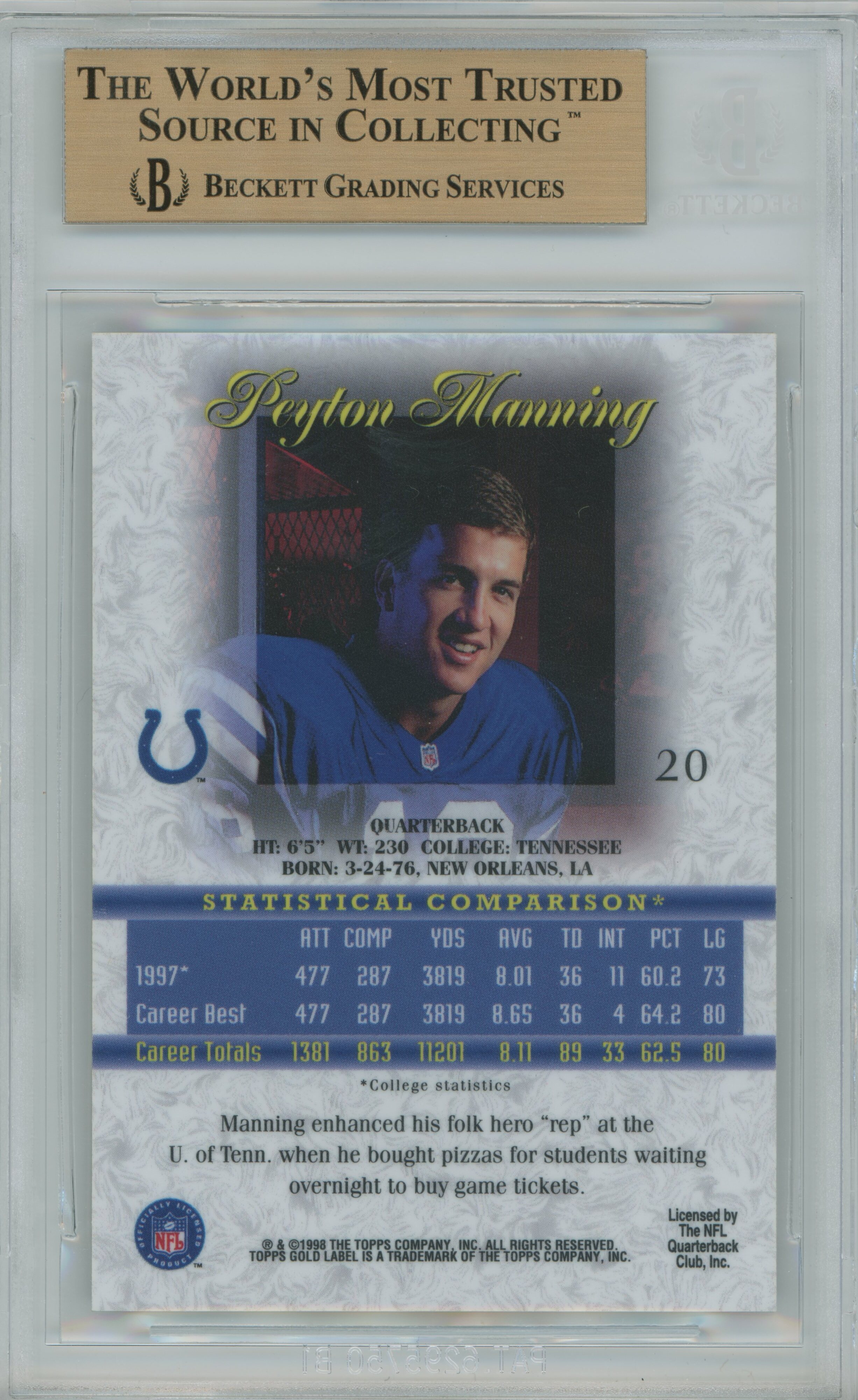 1998 Gold Label Class 1 RC Peyton Manning BGS 9.5