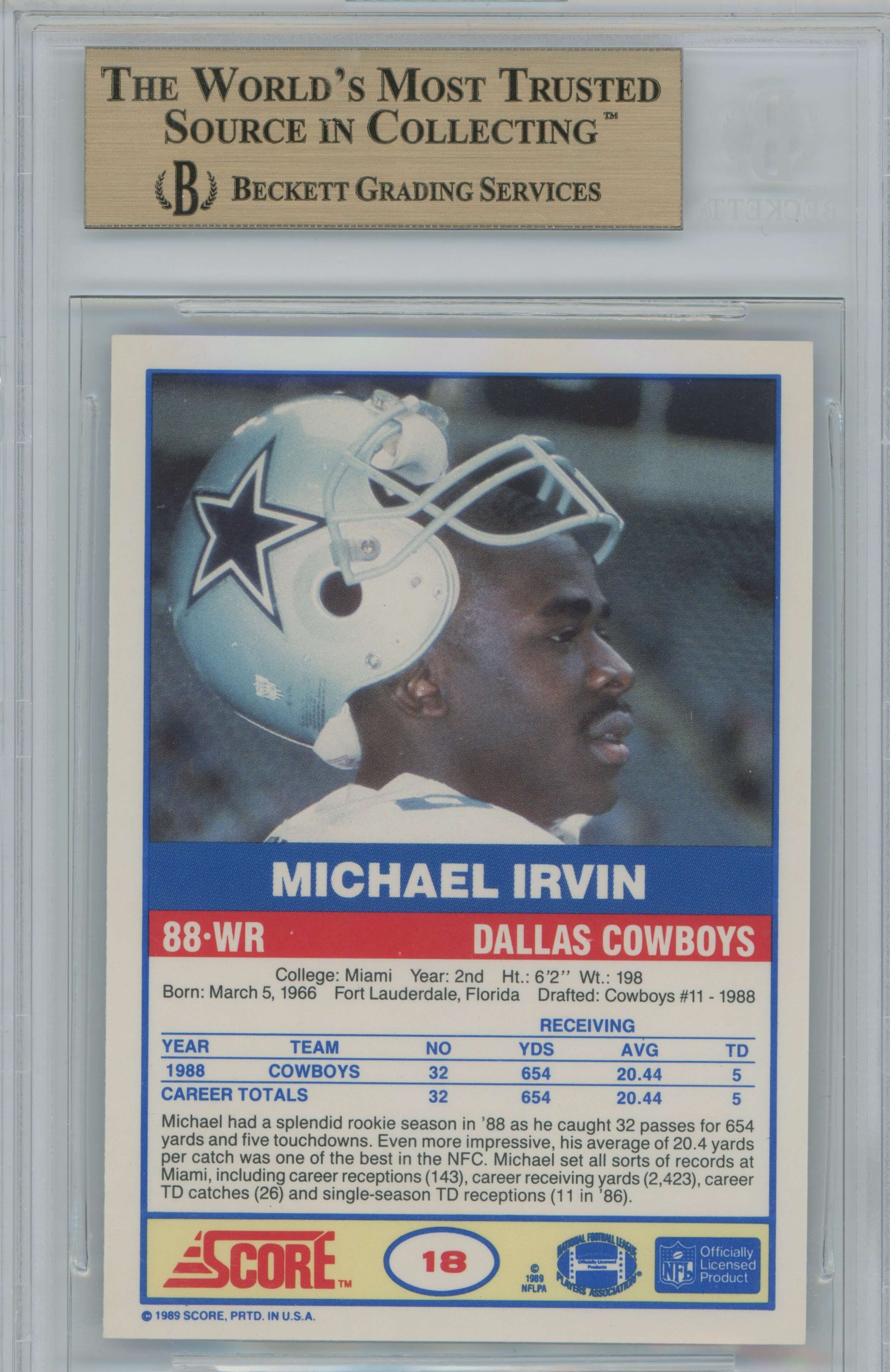 1989 Score RC Michael Irvin BGS 9.5