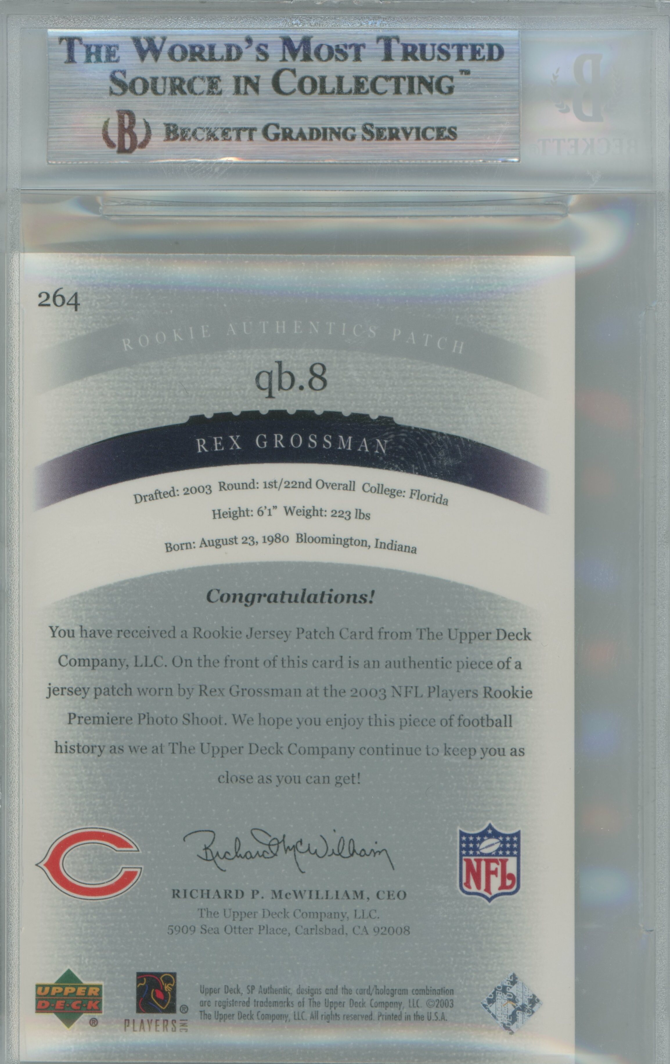 2003 SP Authentic Patch Rex Grossman BGS 9