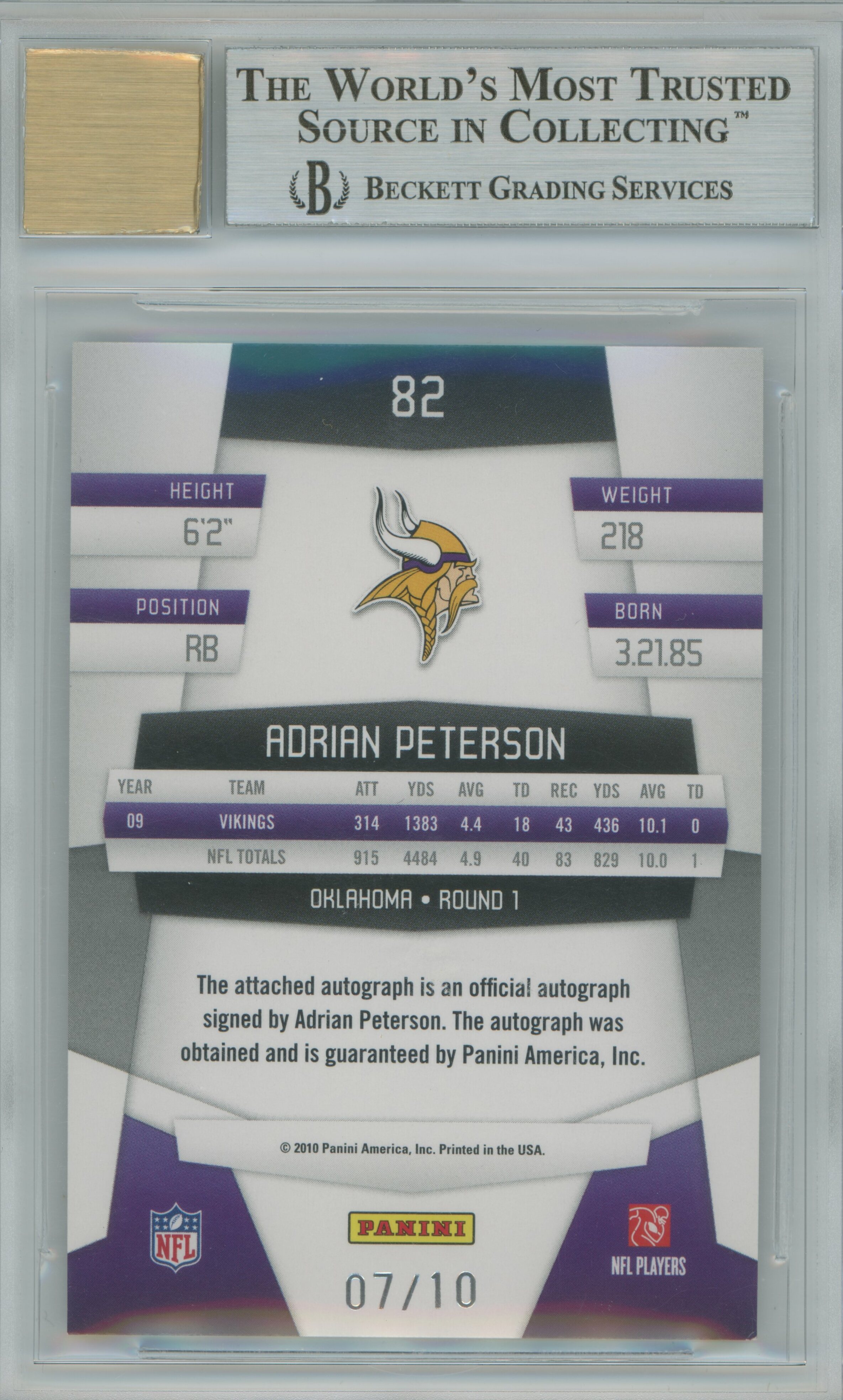 2010 Certified Mirror Gold Signatures Auto Adrian Peterson BGS 9