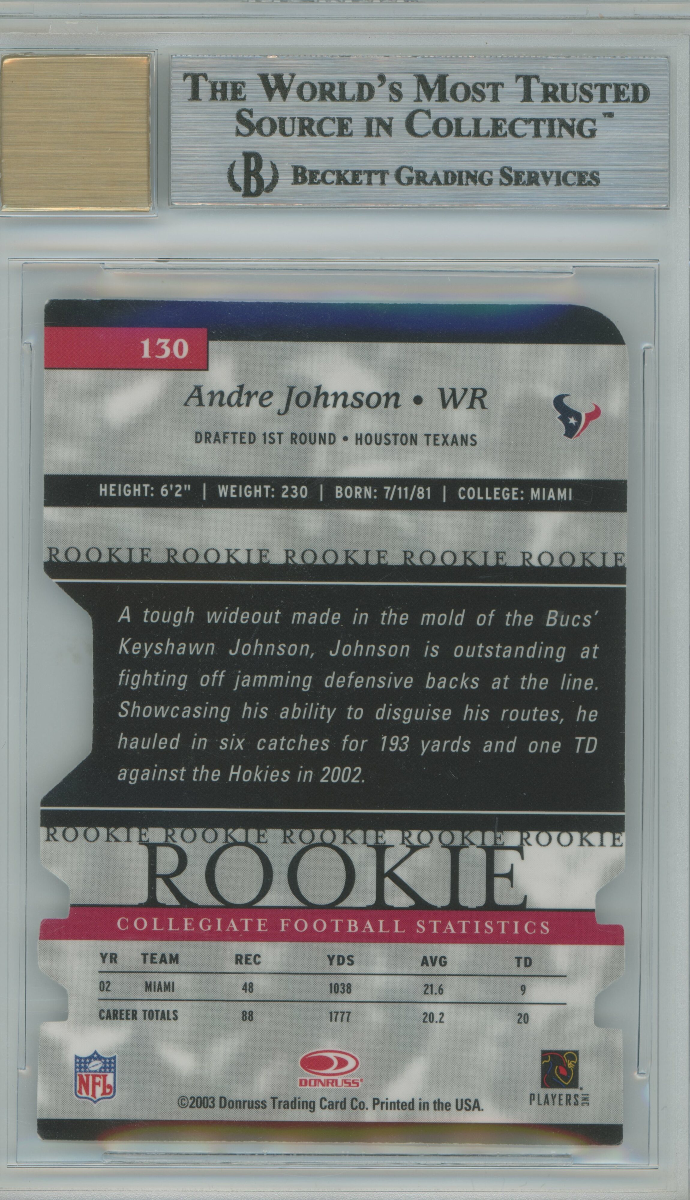 2003 Elite Turn of the Century Auto RC Andre Johnson BGS 8.5