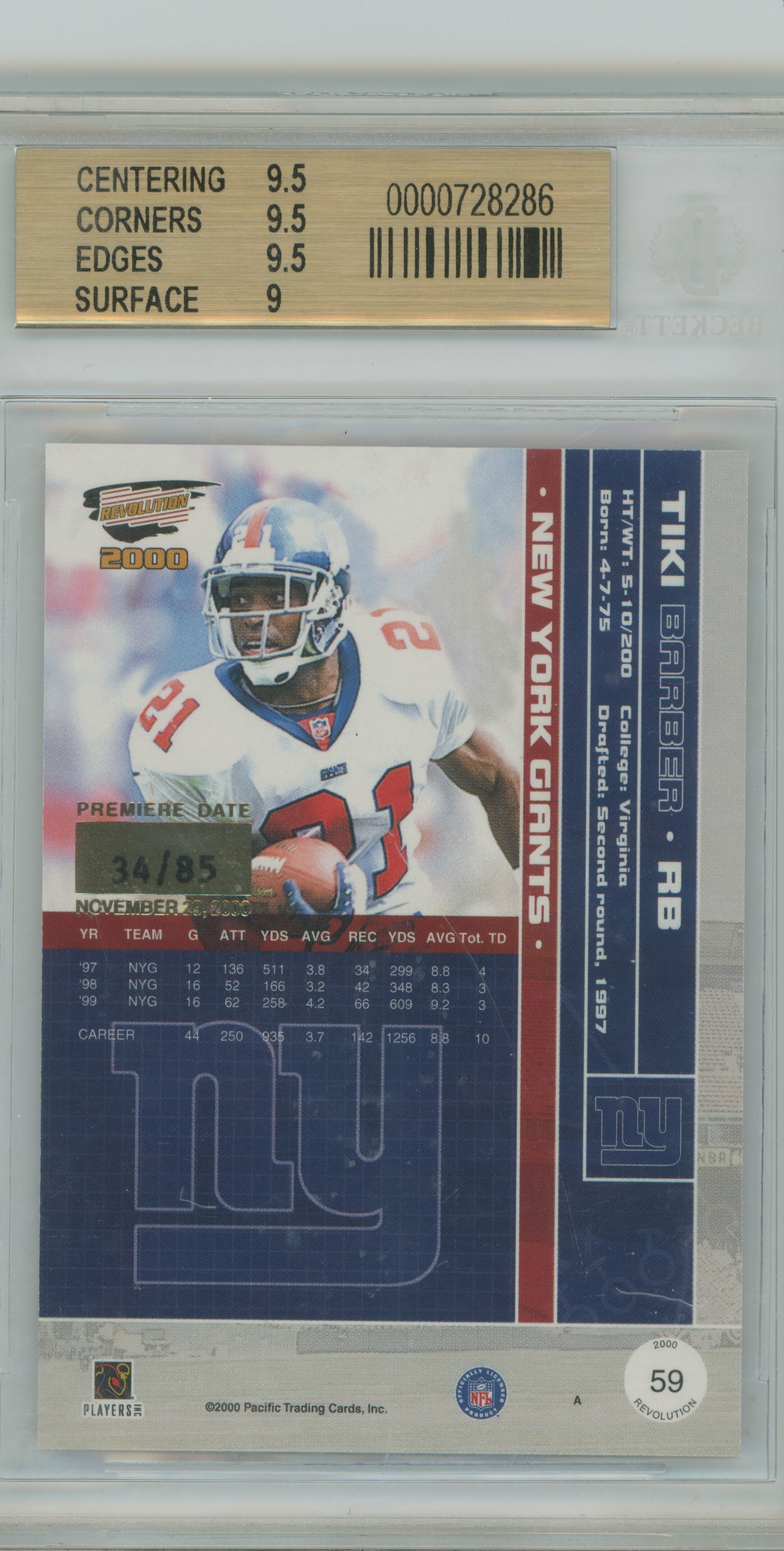 2000 Revolution Premiere Date Tiki Barber BGS 9.5