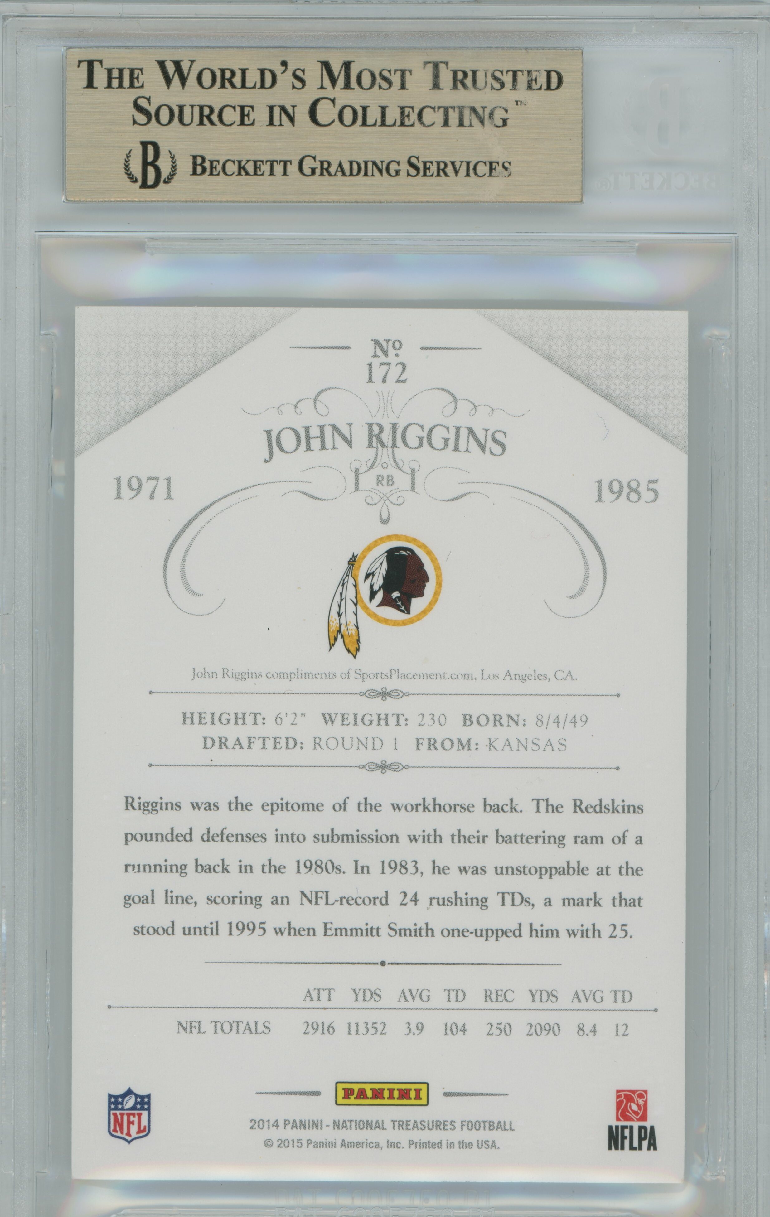 2014 National Treasures Century Silver John Riggins BGS 9.5