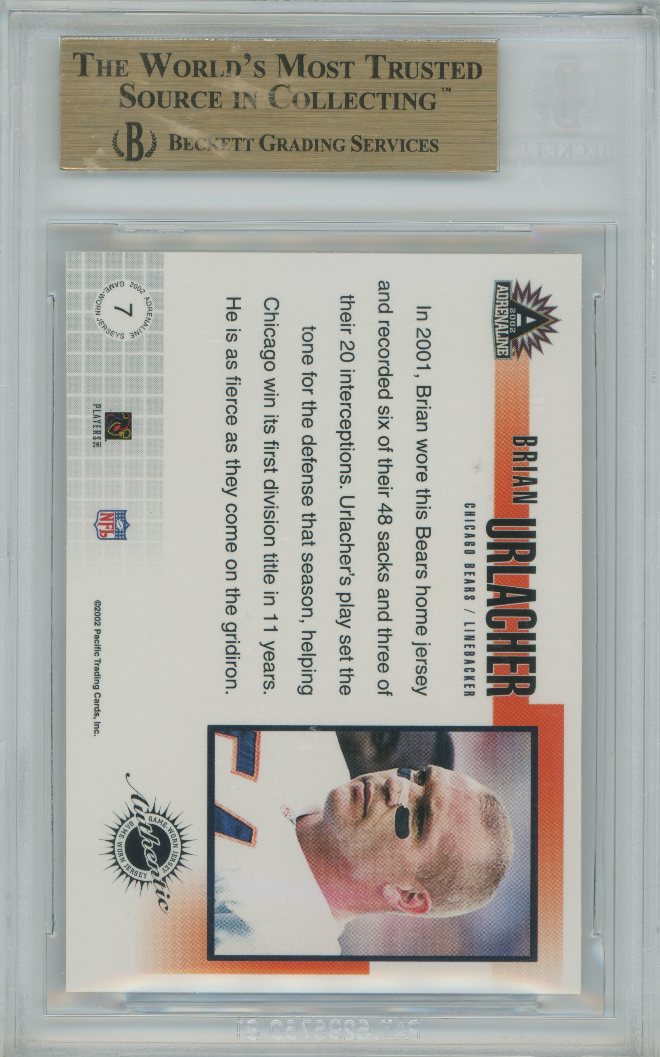 2002 Adrenaline Game Worn Jerseys Gold Brian Urlacher BGS 9.5