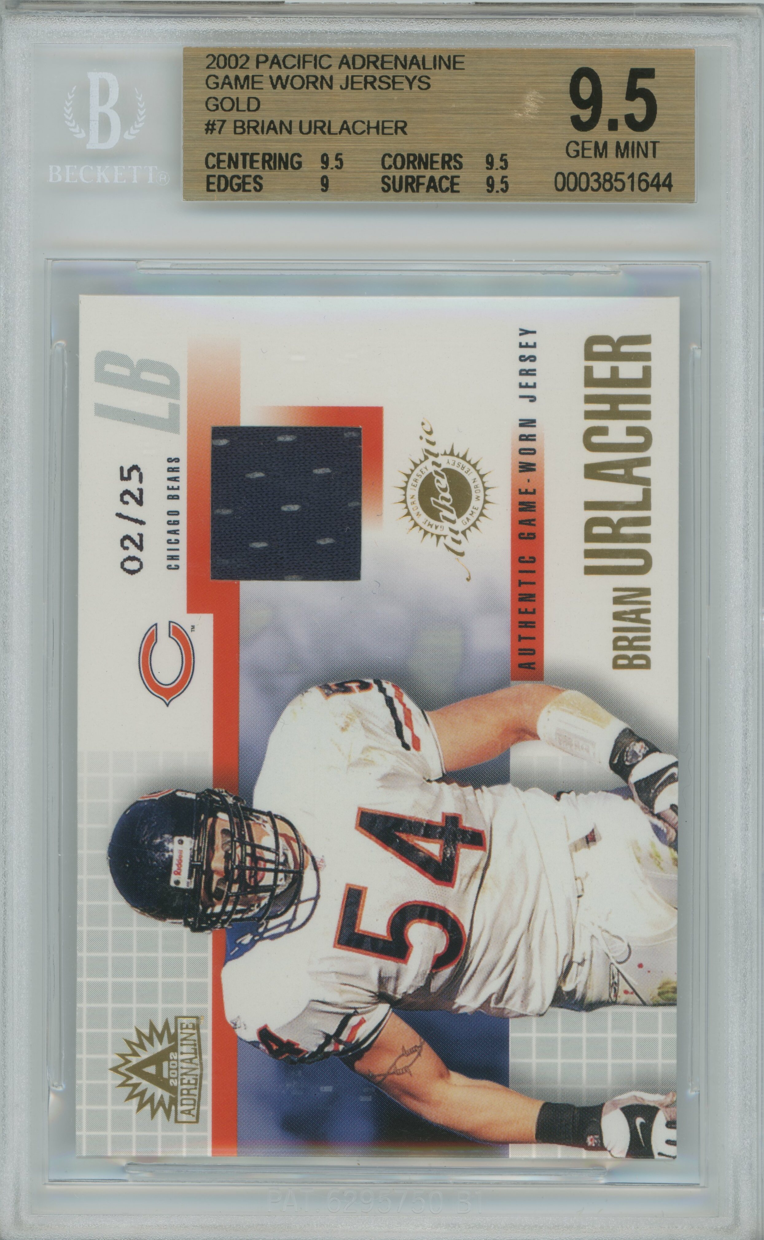 2002 Adrenaline Game Worn Jerseys Gold Brian Urlacher BGS 9.5