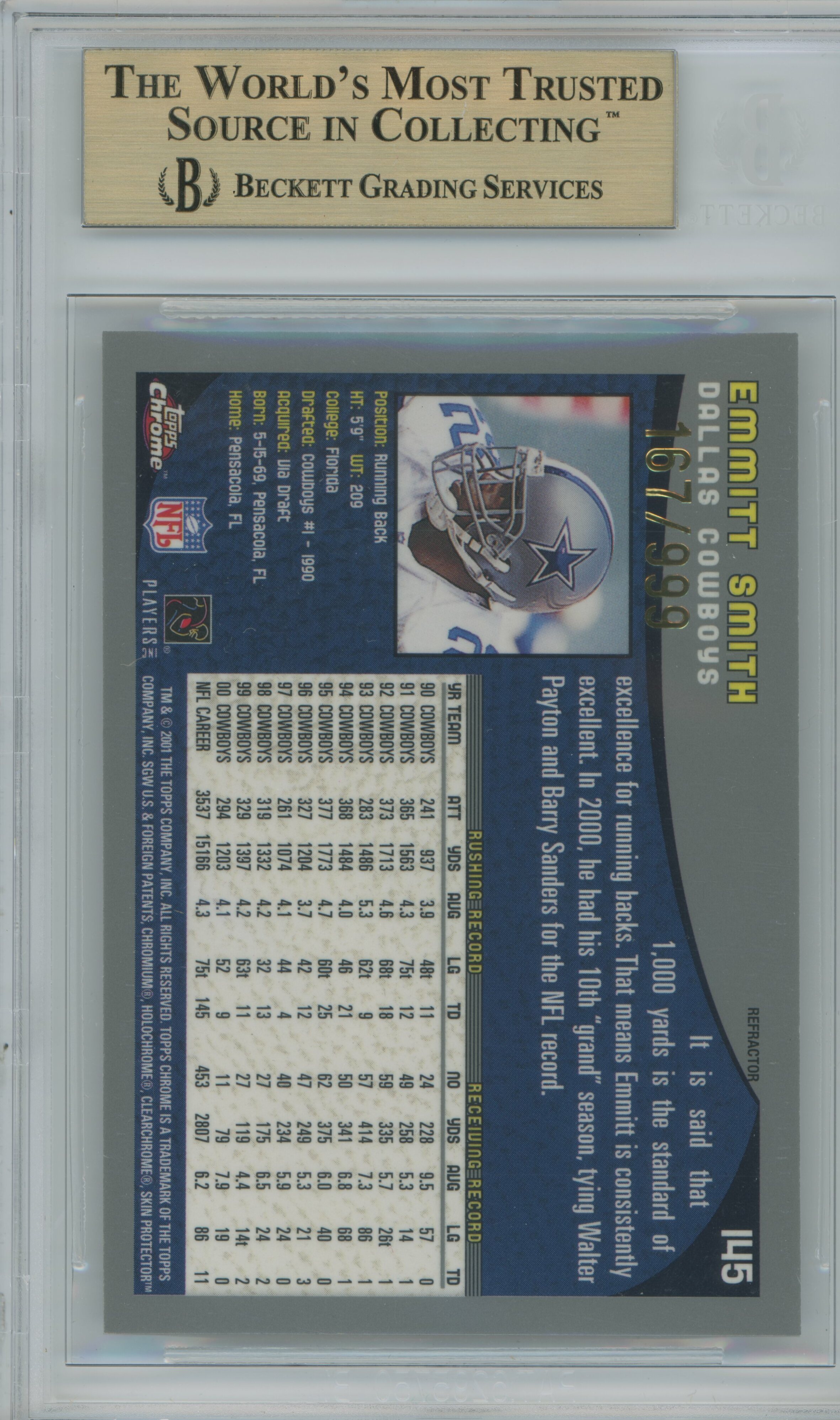 2001 Topps Chrome Refractor Emmitt Smith BGS 9.5