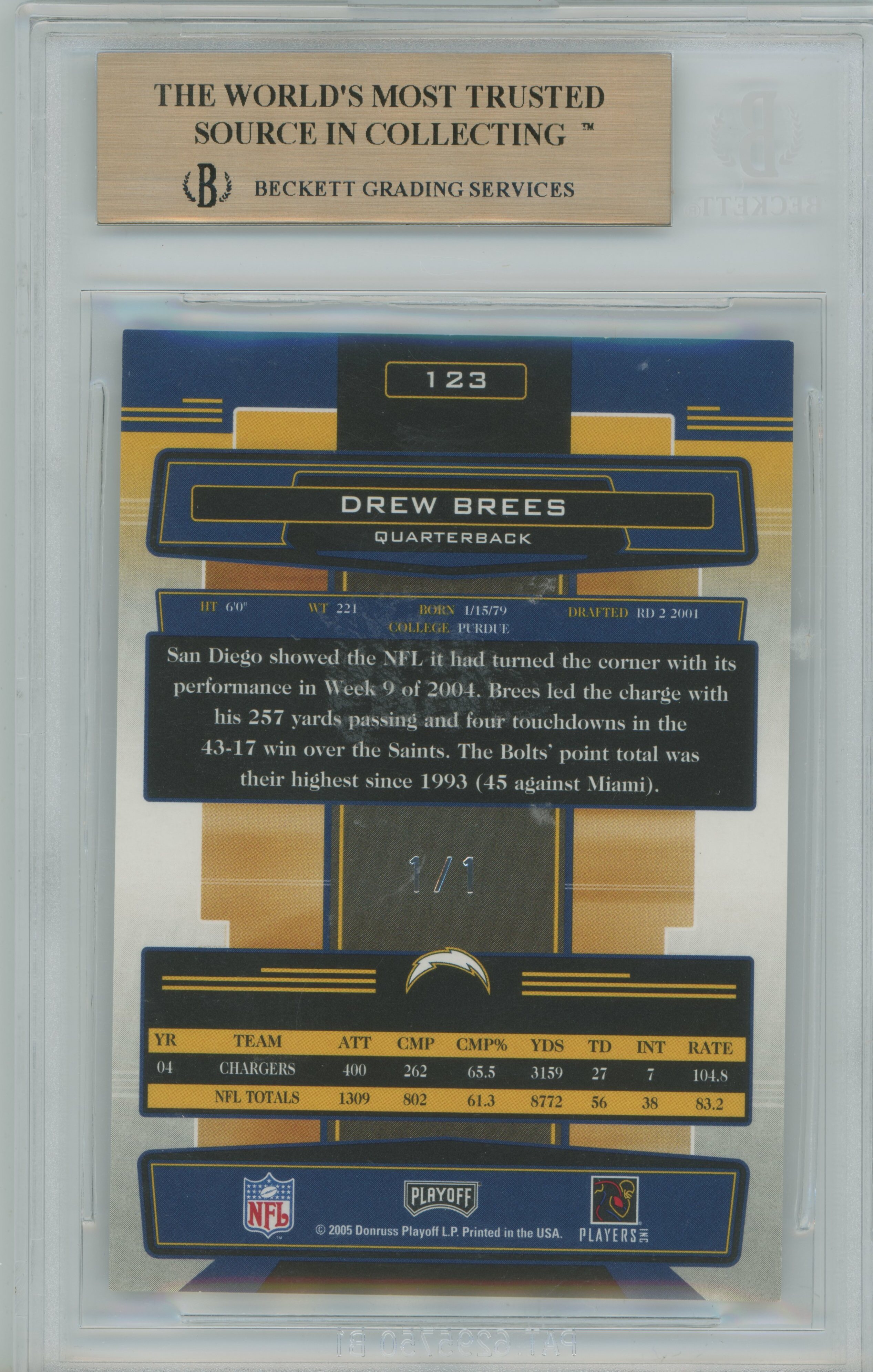 2005 Absolute Memorabilia Spectrum Platinum 1/1 Drew Brees BGS 9.5