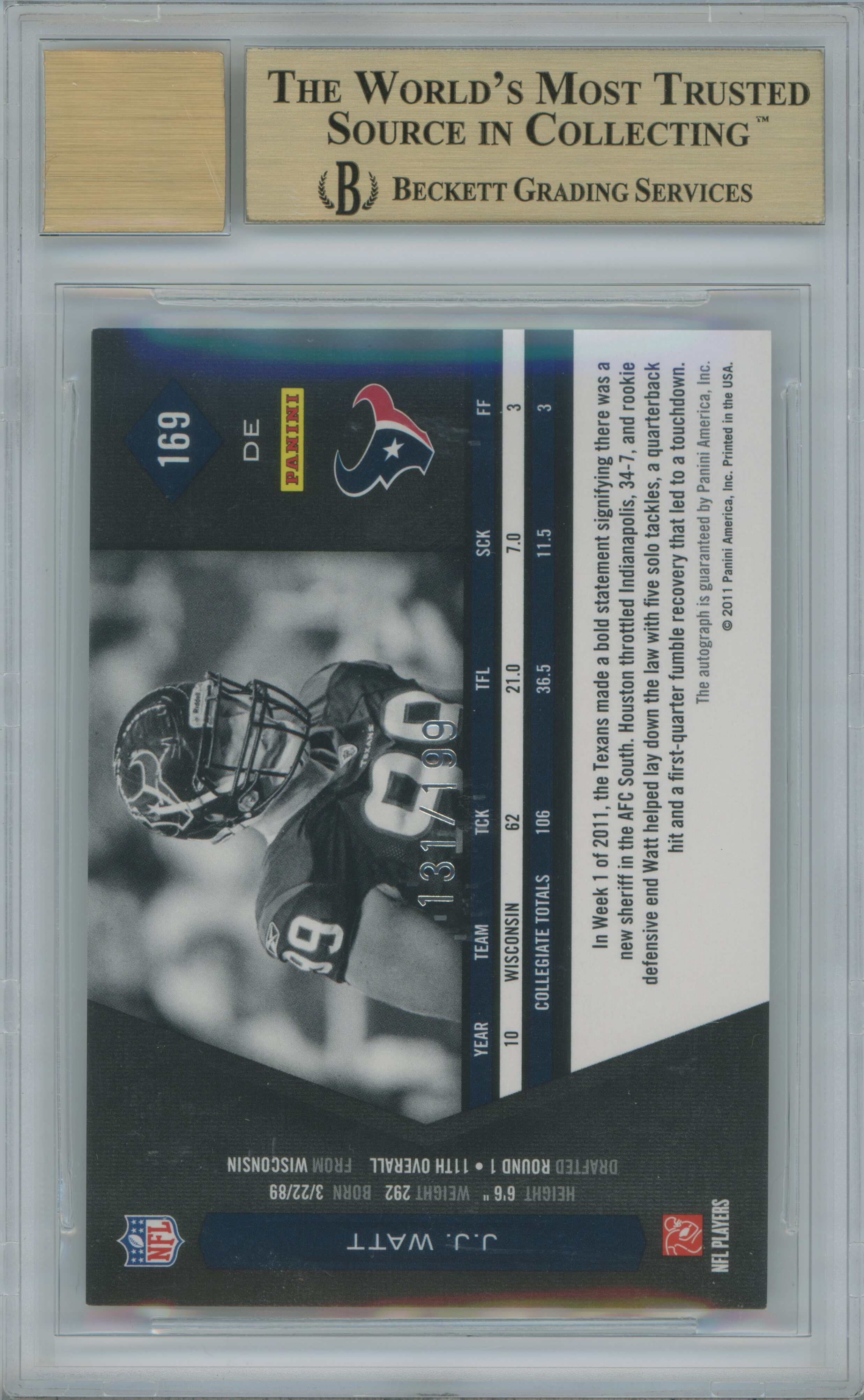 2011 Limited Monikers Silver Auto J.J. Watt BGS 9.5