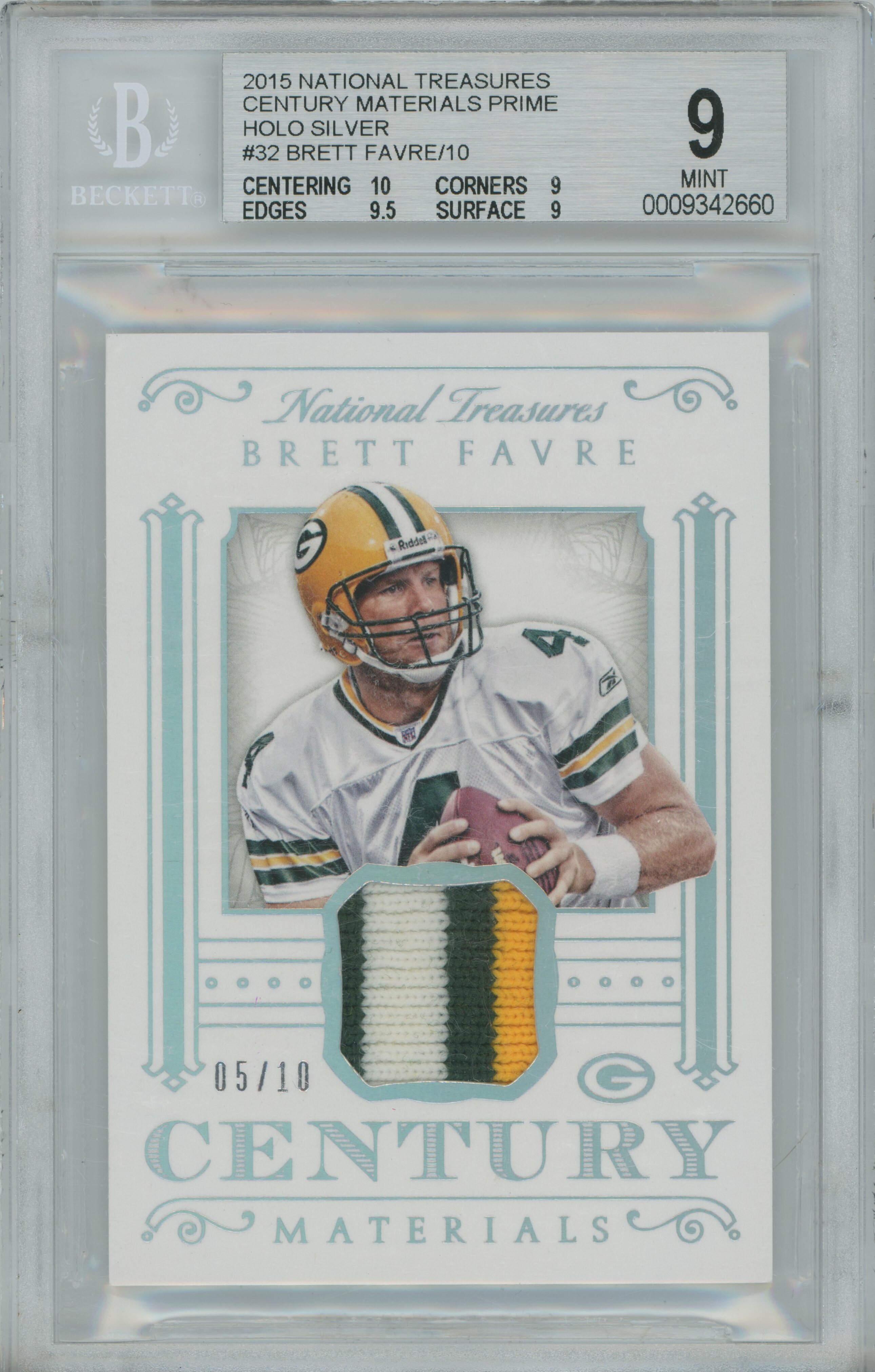 2015 National Treasures Century Materials Holo Silver Patch Brett Favre BGS 9