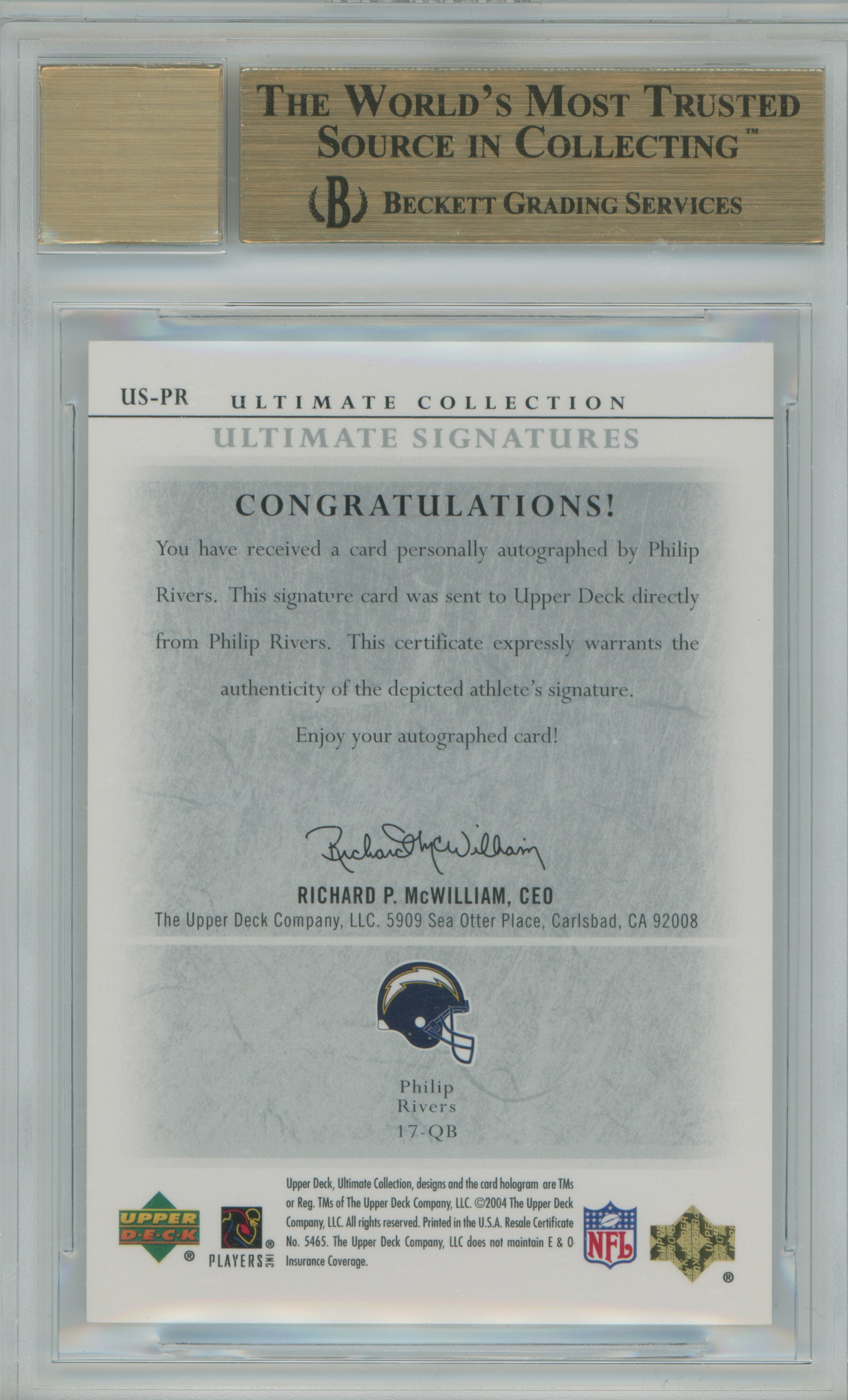 2004 Ultimate Collection Ultimate Signatures Auto RC Philip Rivers BGS 9.5