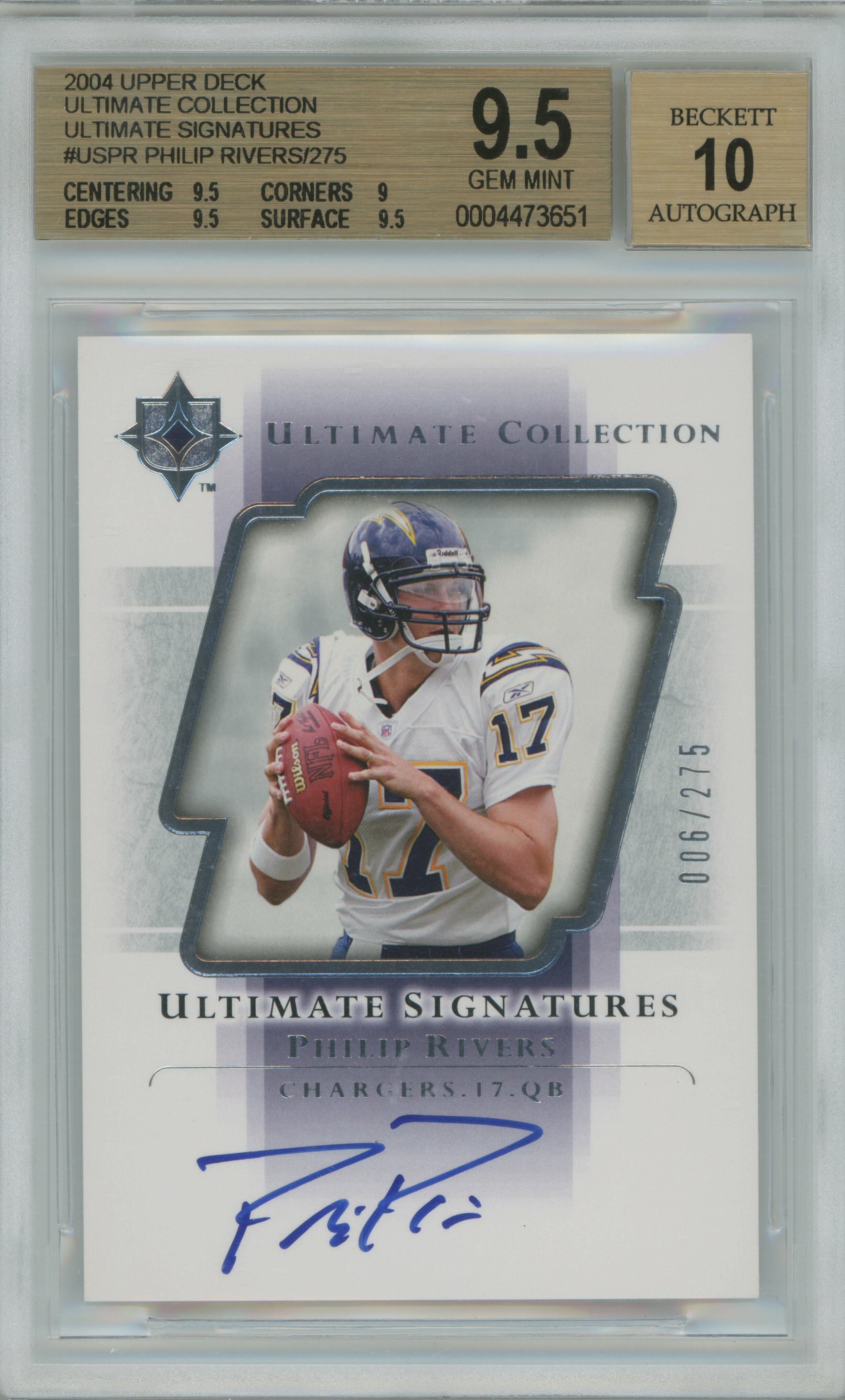 2004 Ultimate Collection Ultimate Signatures Auto RC Philip Rivers BGS 9.5